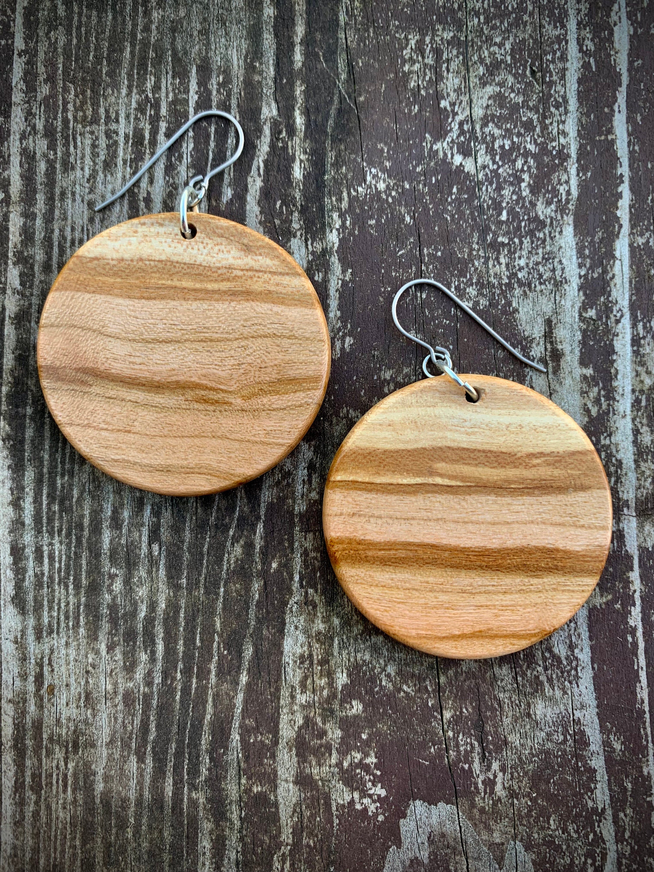 Spalted Cherry Wood Earrings: Round Dangle, Michigan Local