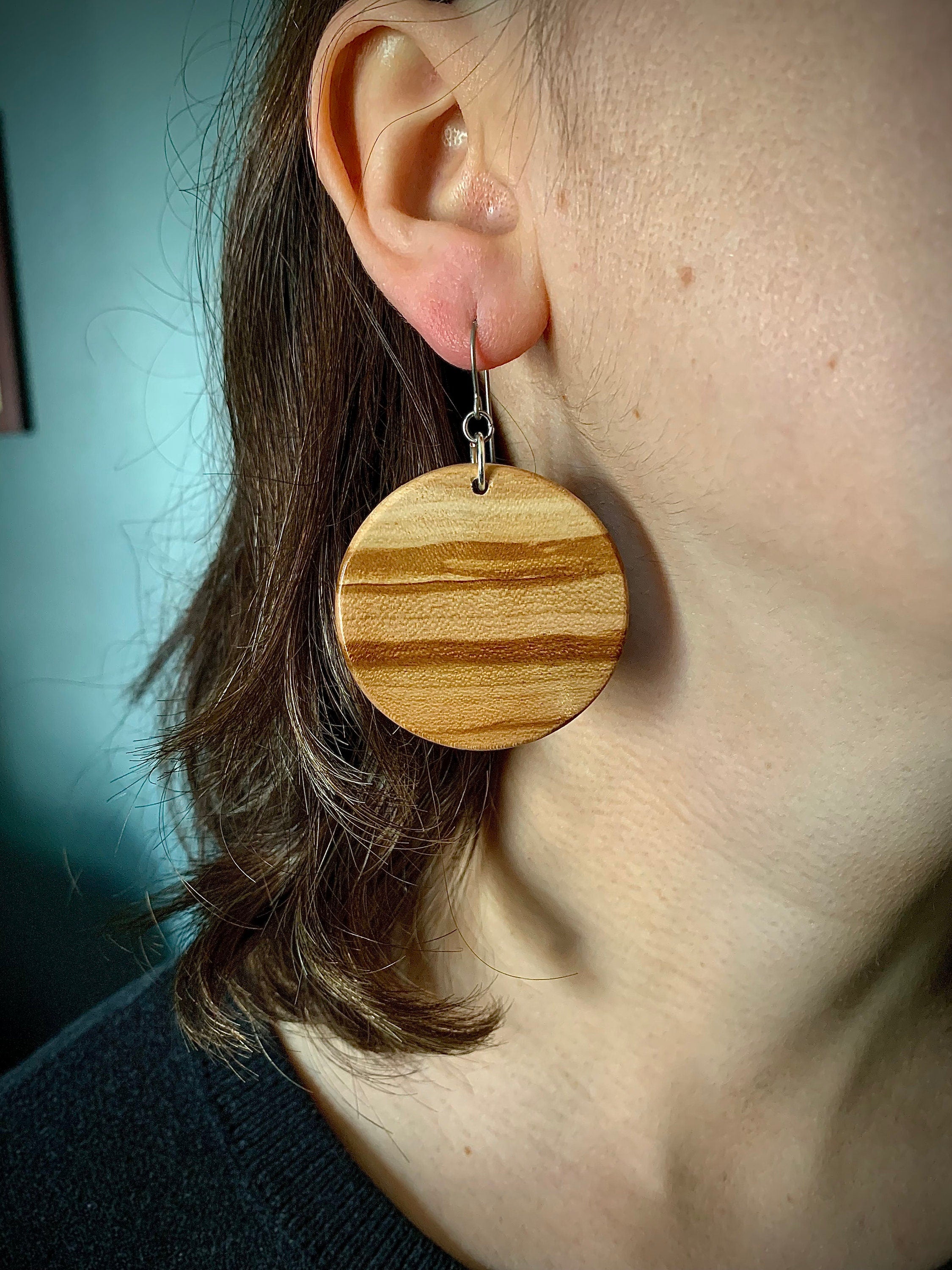 Spalted Cherry Wood Earrings: Round Dangle, Michigan Local