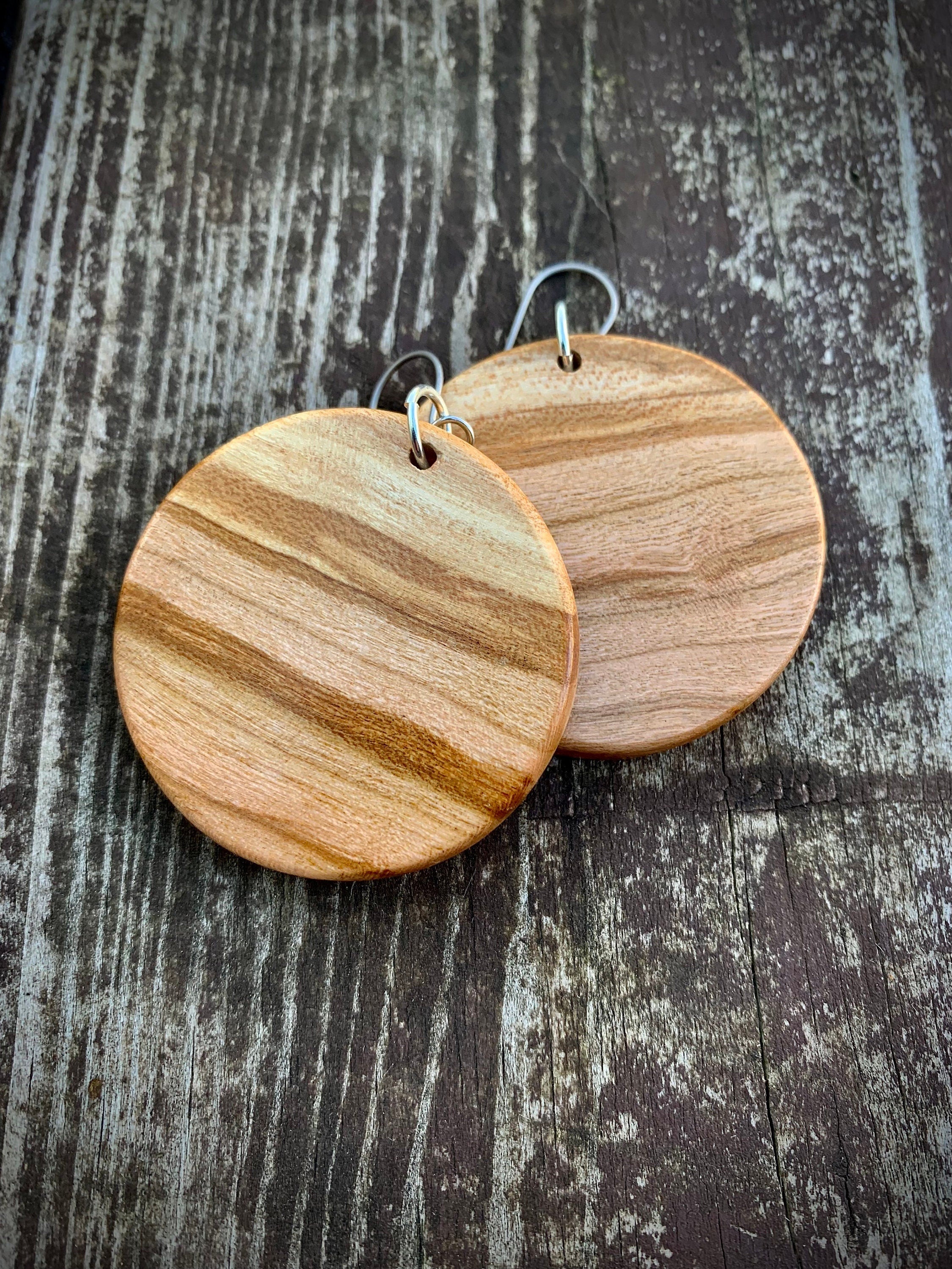 Spalted Cherry Wood Earrings: Round Dangle, Michigan Local