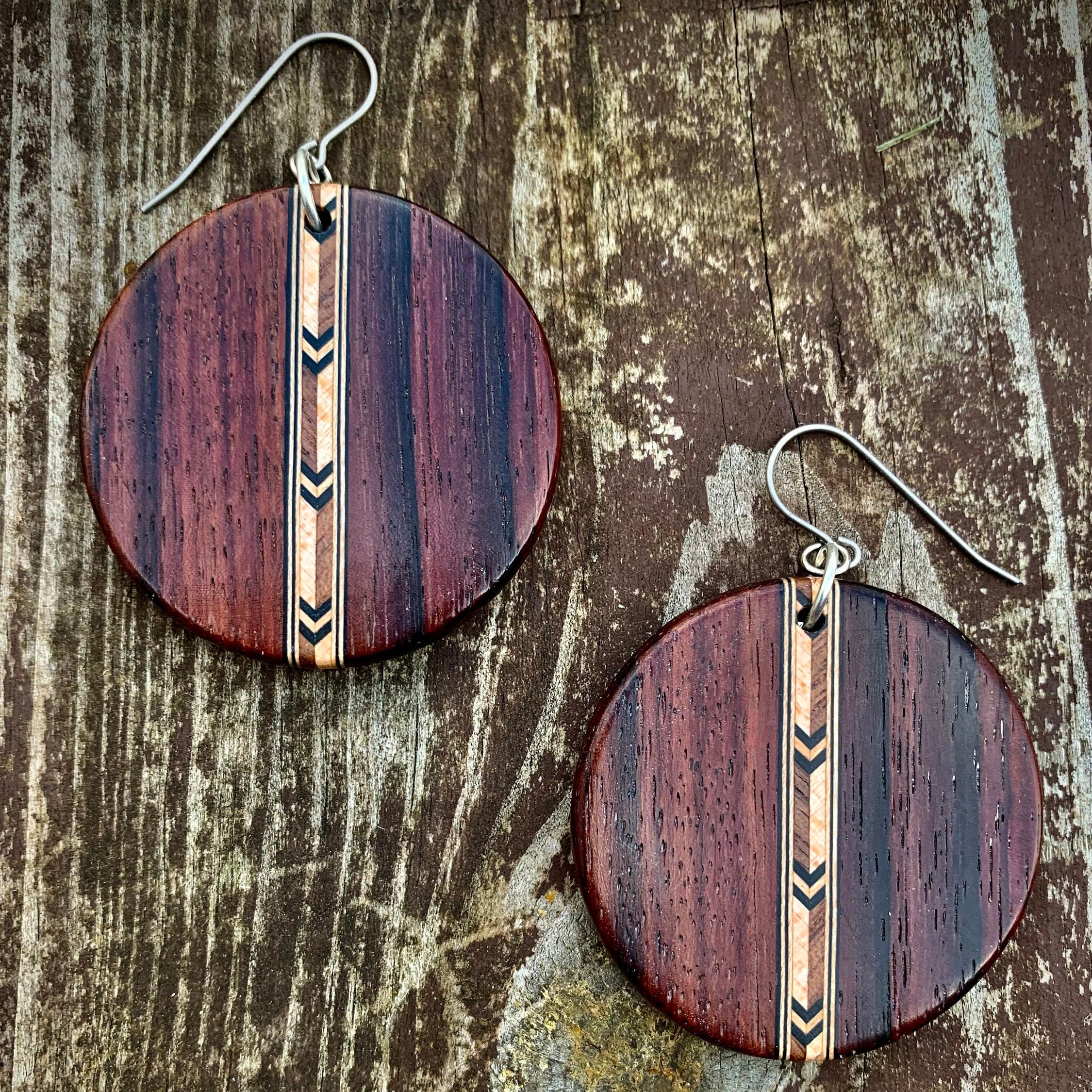 Rosewood Chevron Inlay Earrings: Handmade Wood Jewelry