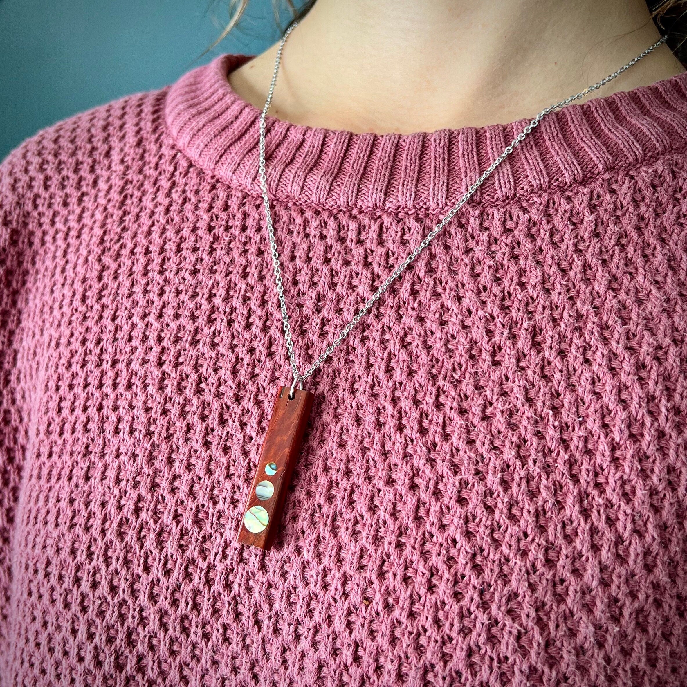 Padauk Wood Shell dot Inlay Pendant for the 5th Anniversary, Handmade Wooden Pendant Jewelry using FSC Sustainable woods