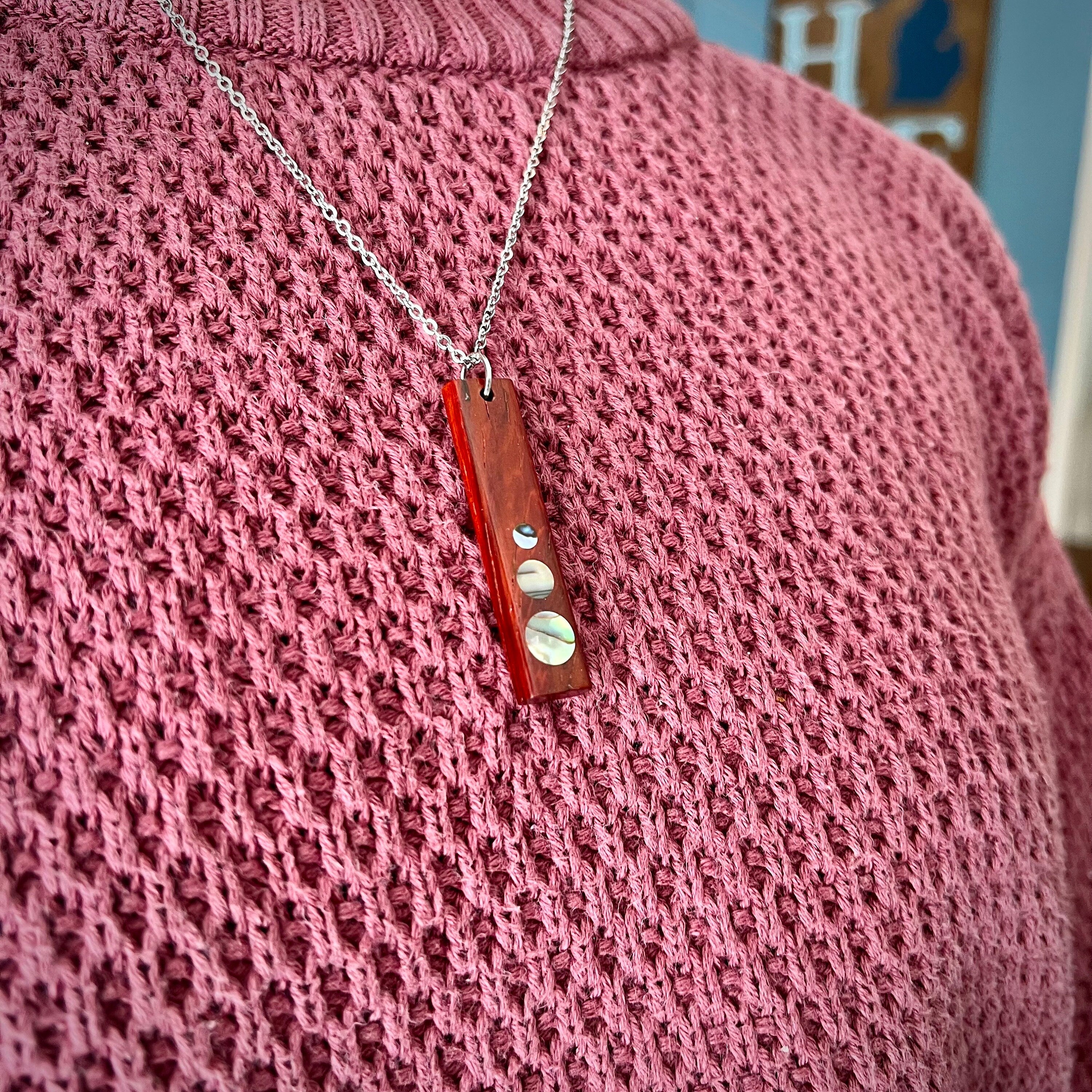 Padauk Wood Shell dot Inlay Pendant for the 5th Anniversary, Handmade Wooden Pendant Jewelry using FSC Sustainable woods
