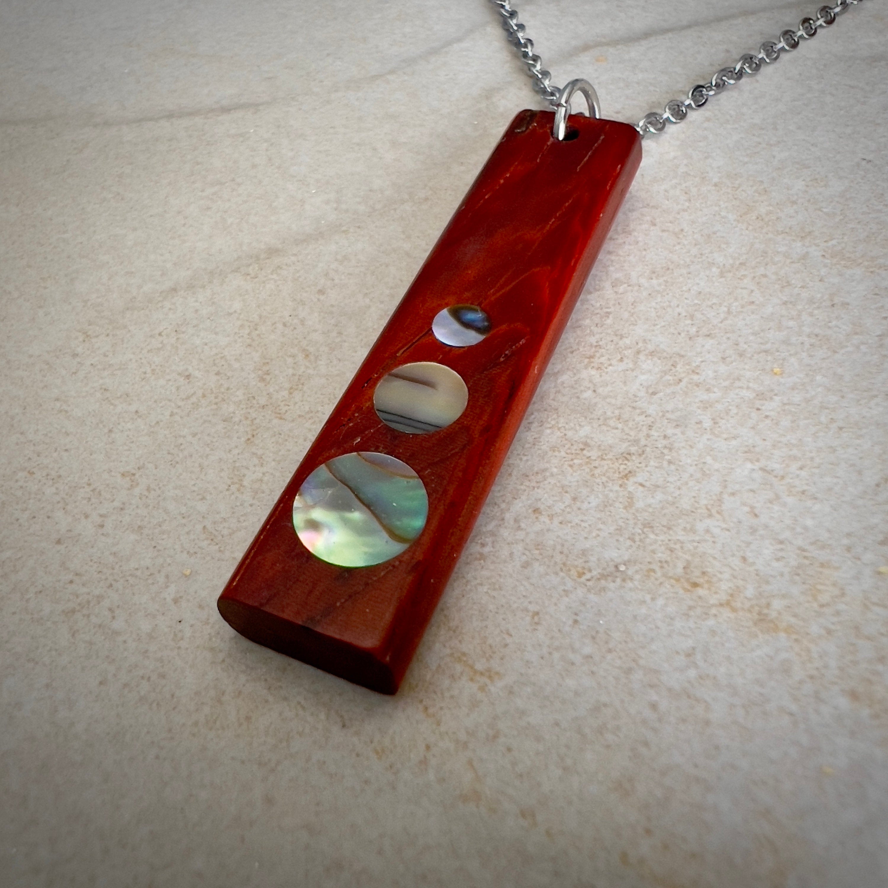 Padauk Wood Shell dot Inlay Pendant for the 5th Anniversary, Handmade Wooden Pendant Jewelry using FSC Sustainable woods