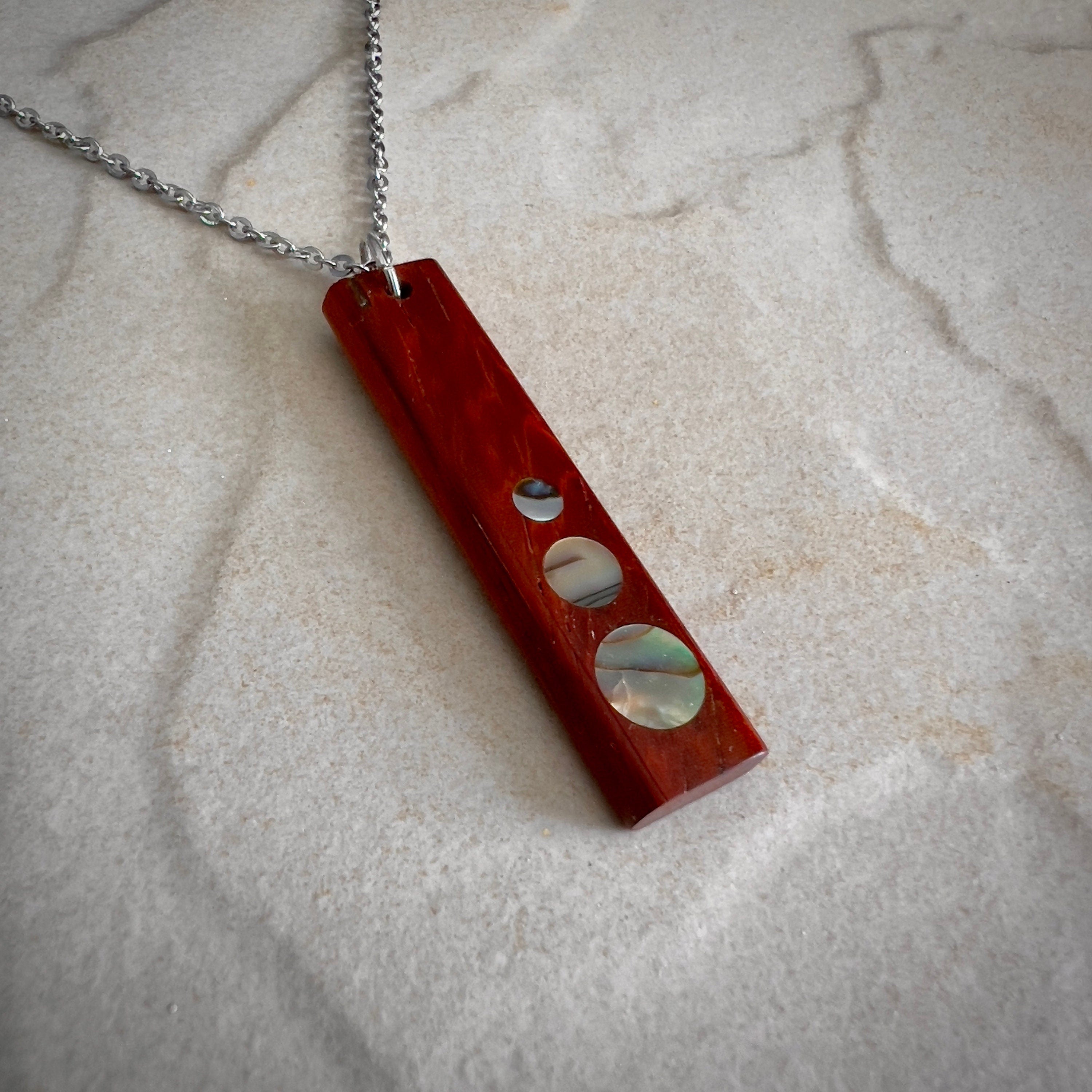 Padauk Wood Shell dot Inlay Pendant for the 5th Anniversary, Handmade Wooden Pendant Jewelry using FSC Sustainable woods