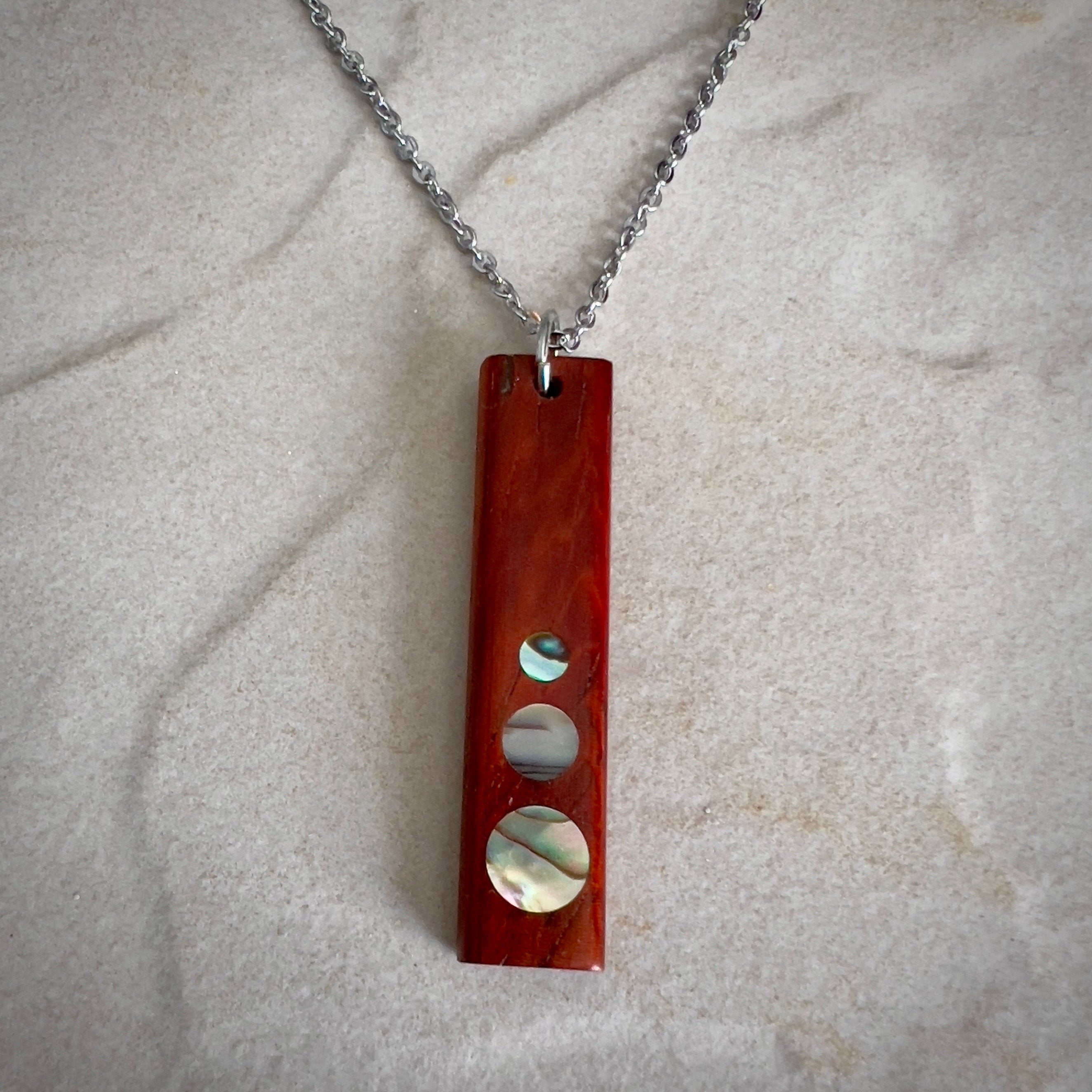 Padauk Wood Shell dot Inlay Pendant for the 5th Anniversary, Handmade Wooden Pendant Jewelry using FSC Sustainable woods