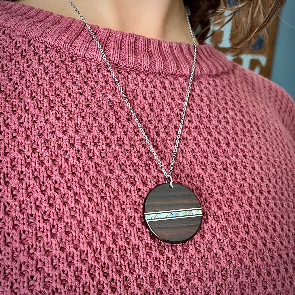 Macassar Ebony Wood Pendant: Handmade Abalone Inlay Necklace