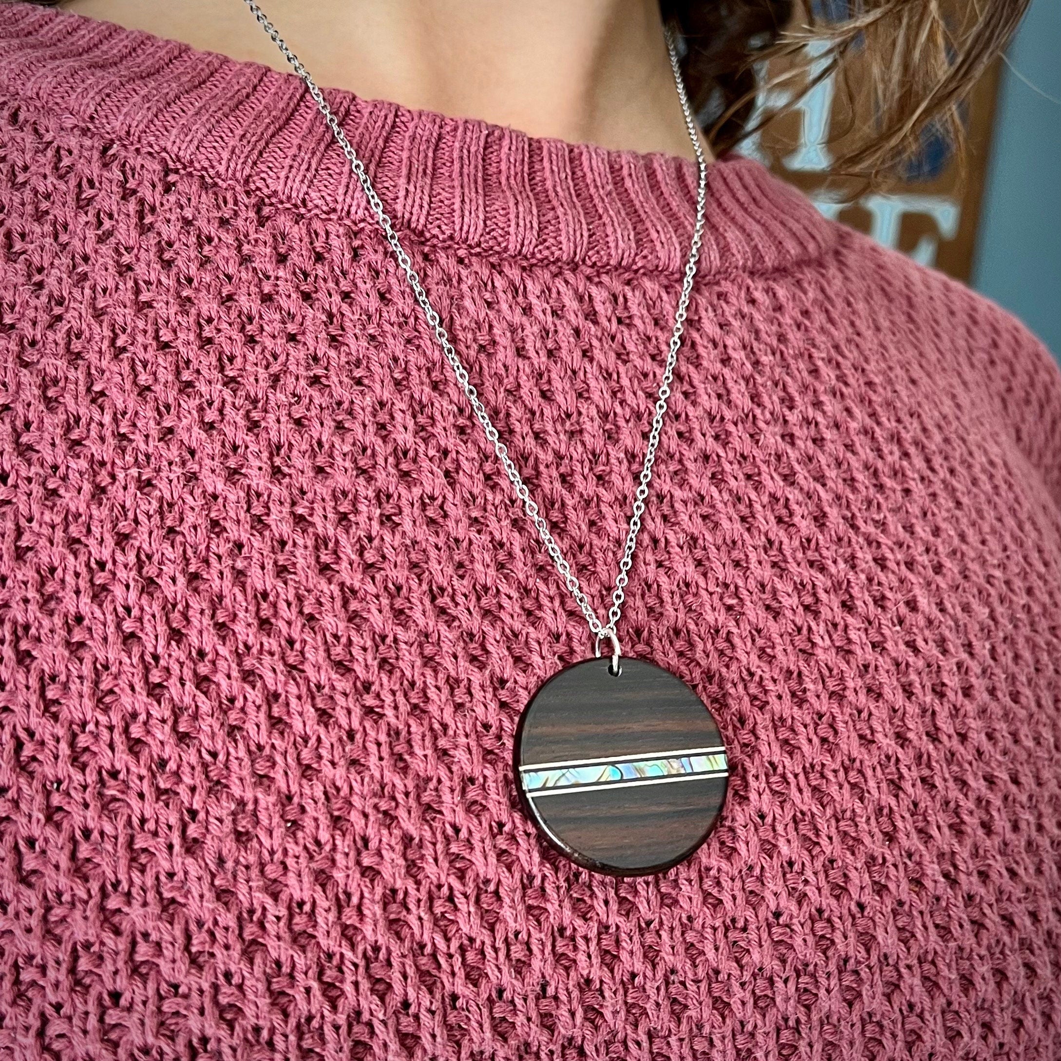 Macassar Ebony Wood Pendant: Handmade Abalone Inlay Necklace