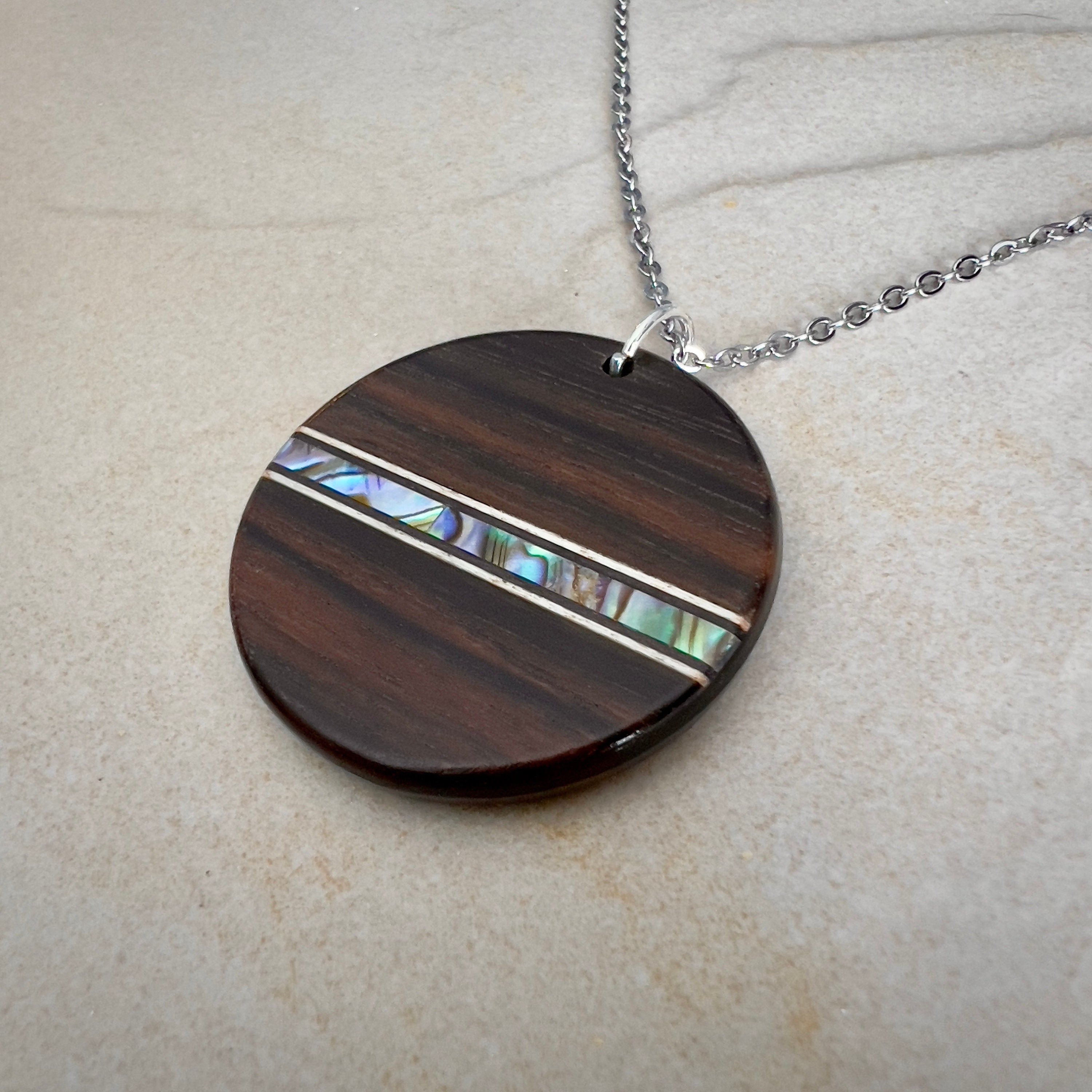 Macassar Ebony Wood Pendant: Handmade Abalone Inlay Necklace