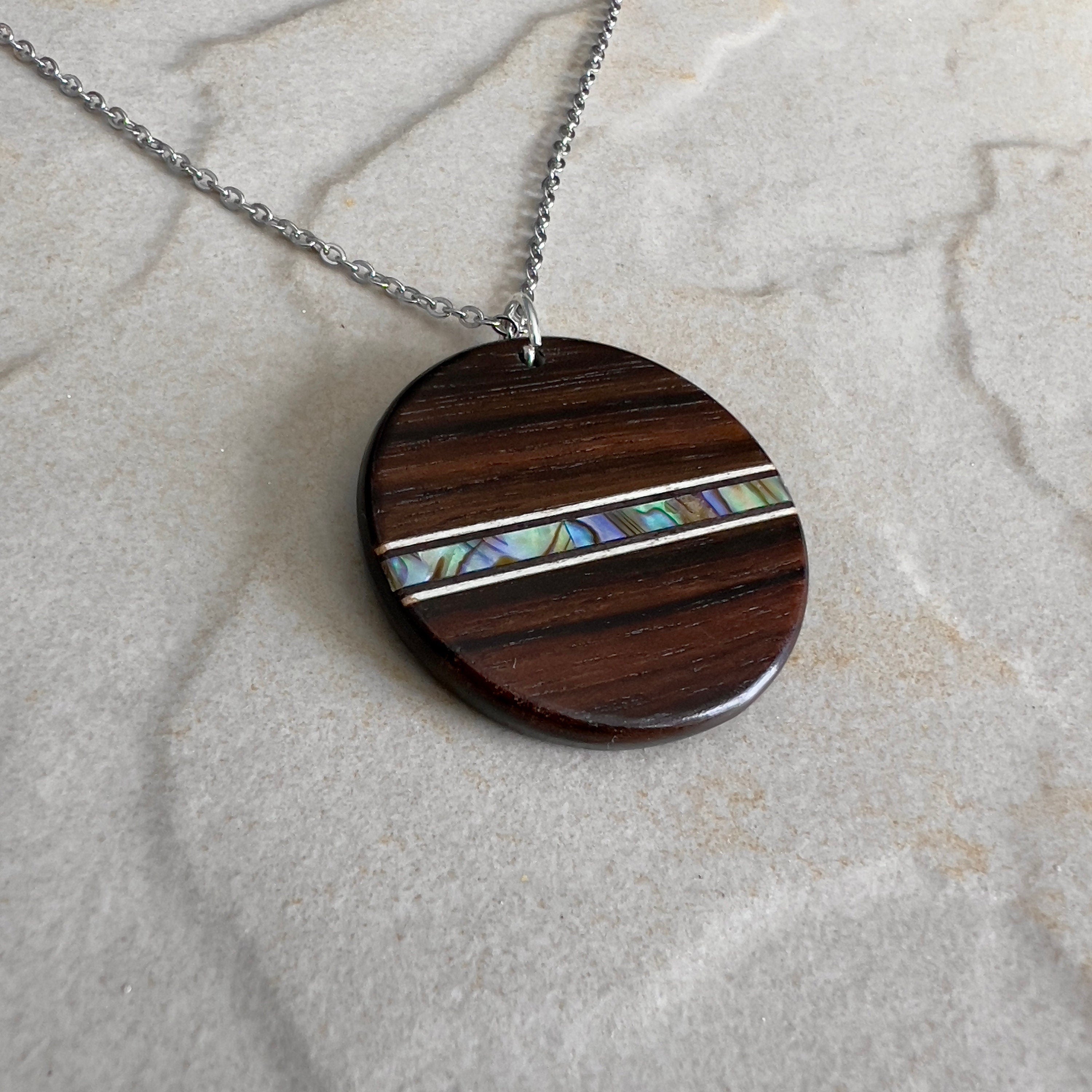 Macassar Ebony Wood Pendant: Handmade Abalone Inlay Necklace