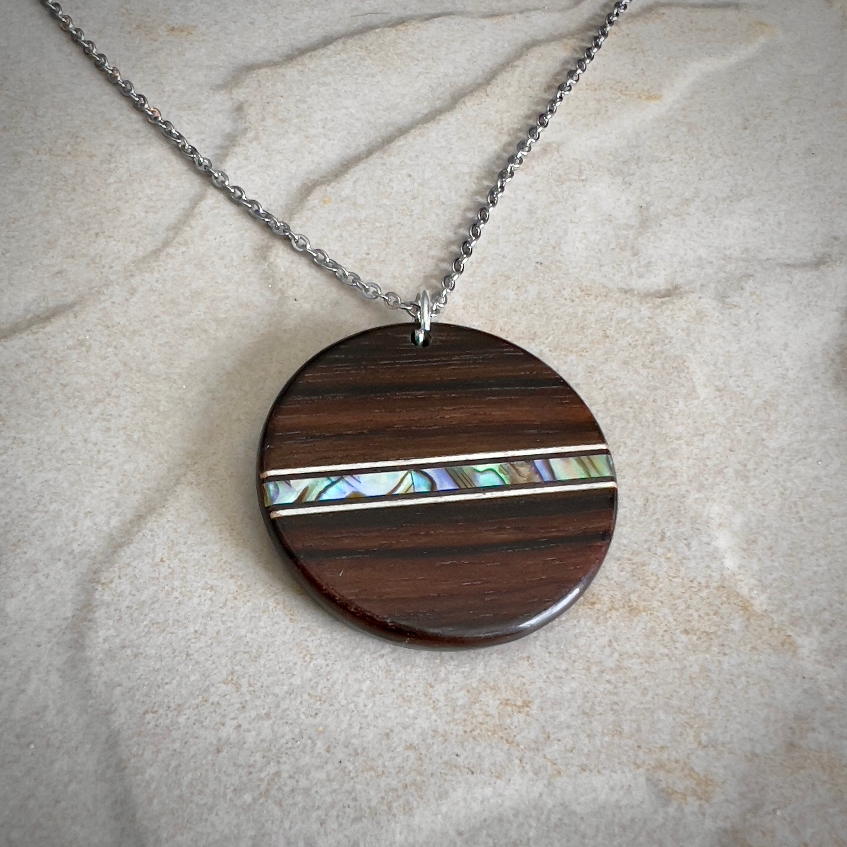 Macassar Ebony Wood Pendant: Handmade Abalone Inlay Necklace