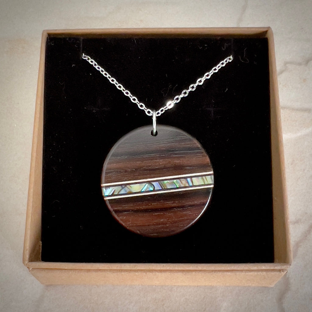 Macassar Ebony Wood Pendant: Handmade Abalone Inlay Necklace