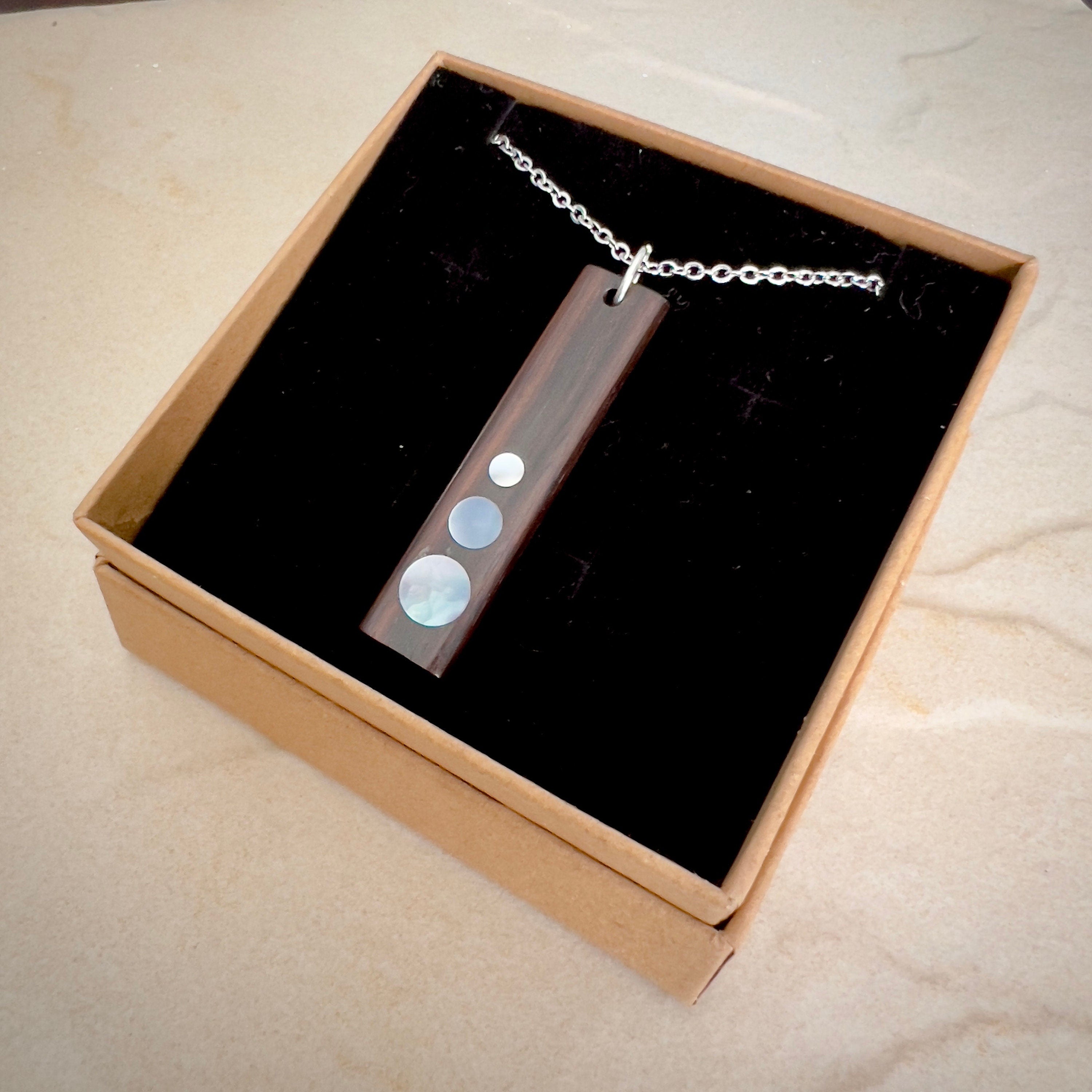 Macassar Ebony Wood Pendant, Mother of Pearl Inlay, Handmade Necklace