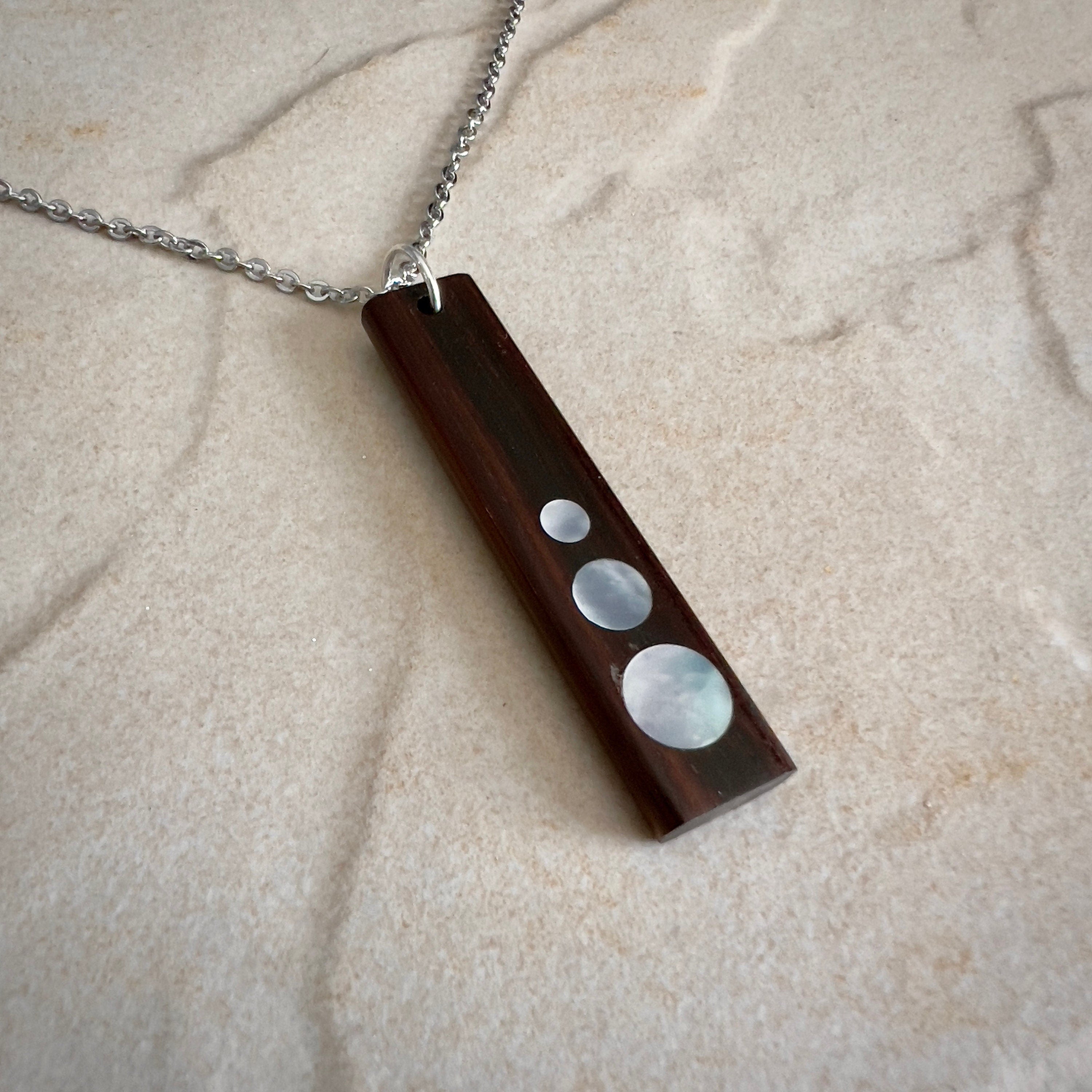 Macassar Ebony Wood Pendant, Mother of Pearl Inlay, Handmade Necklace