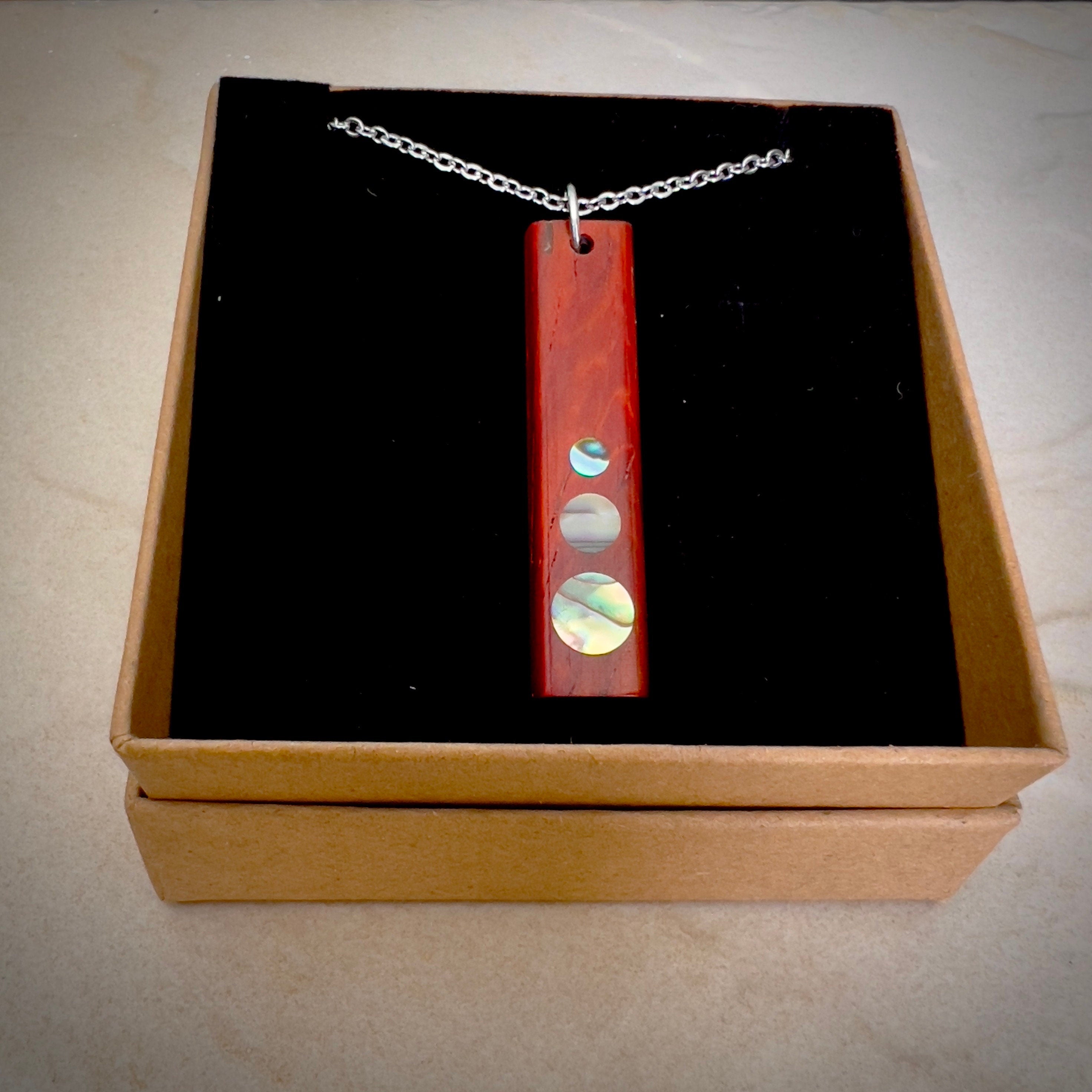 Padauk Wood Shell dot Inlay Pendant for the 5th Anniversary, Handmade Wooden Pendant Jewelry using FSC Sustainable woods