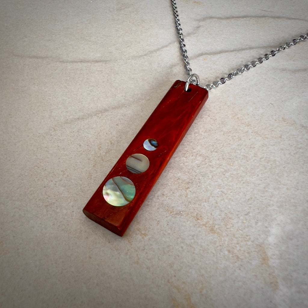Padauk Wood Shell dot Inlay Pendant for the 5th Anniversary, Handmade Wooden Pendant Jewelry using FSC Sustainable woods
