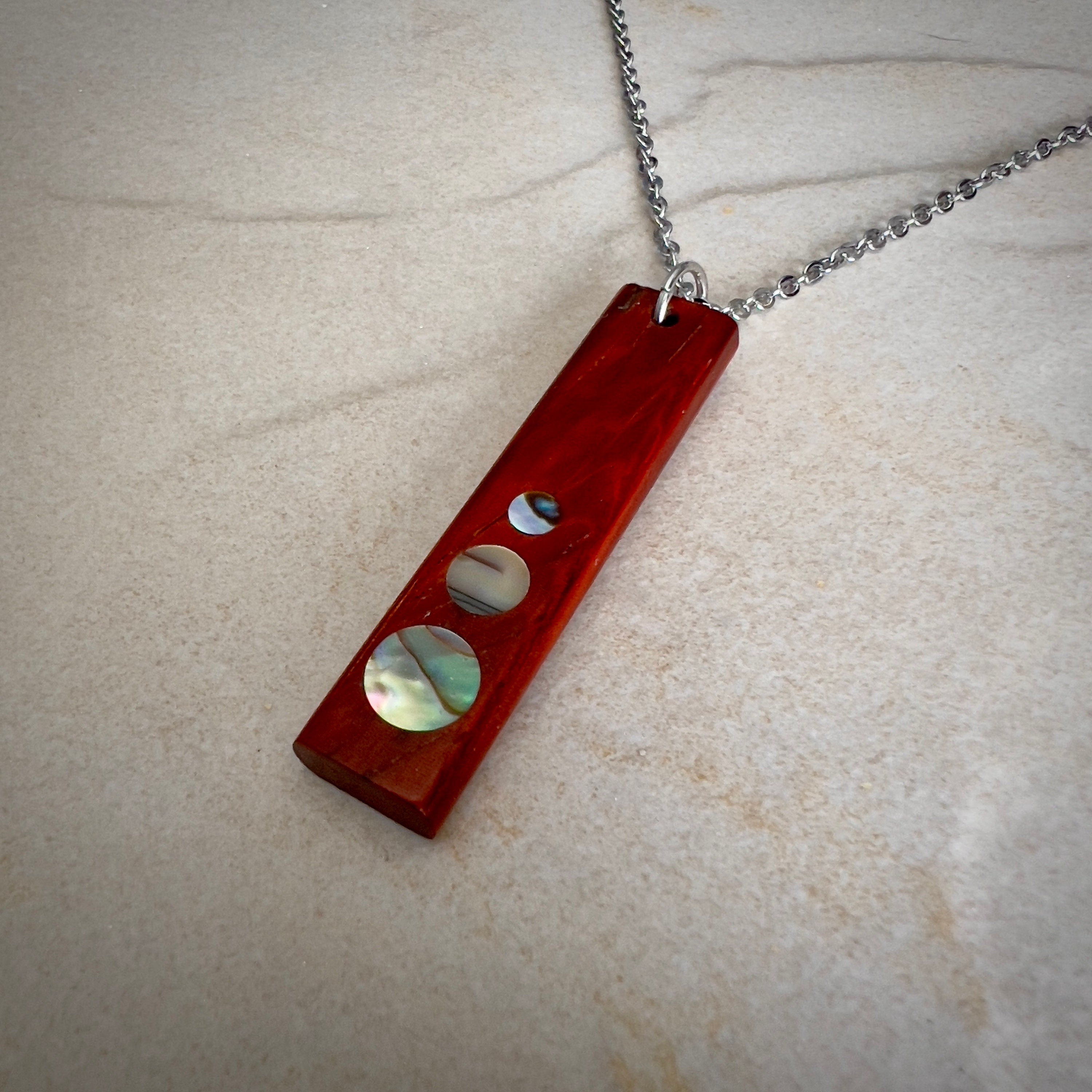 Padauk Wood Shell dot Inlay Pendant for the 5th Anniversary, Handmade Wooden Pendant Jewelry using FSC Sustainable woods