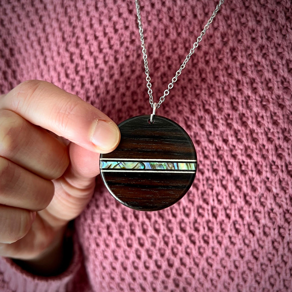 Macassar Ebony Wood Pendant: Handmade Abalone Inlay Necklace