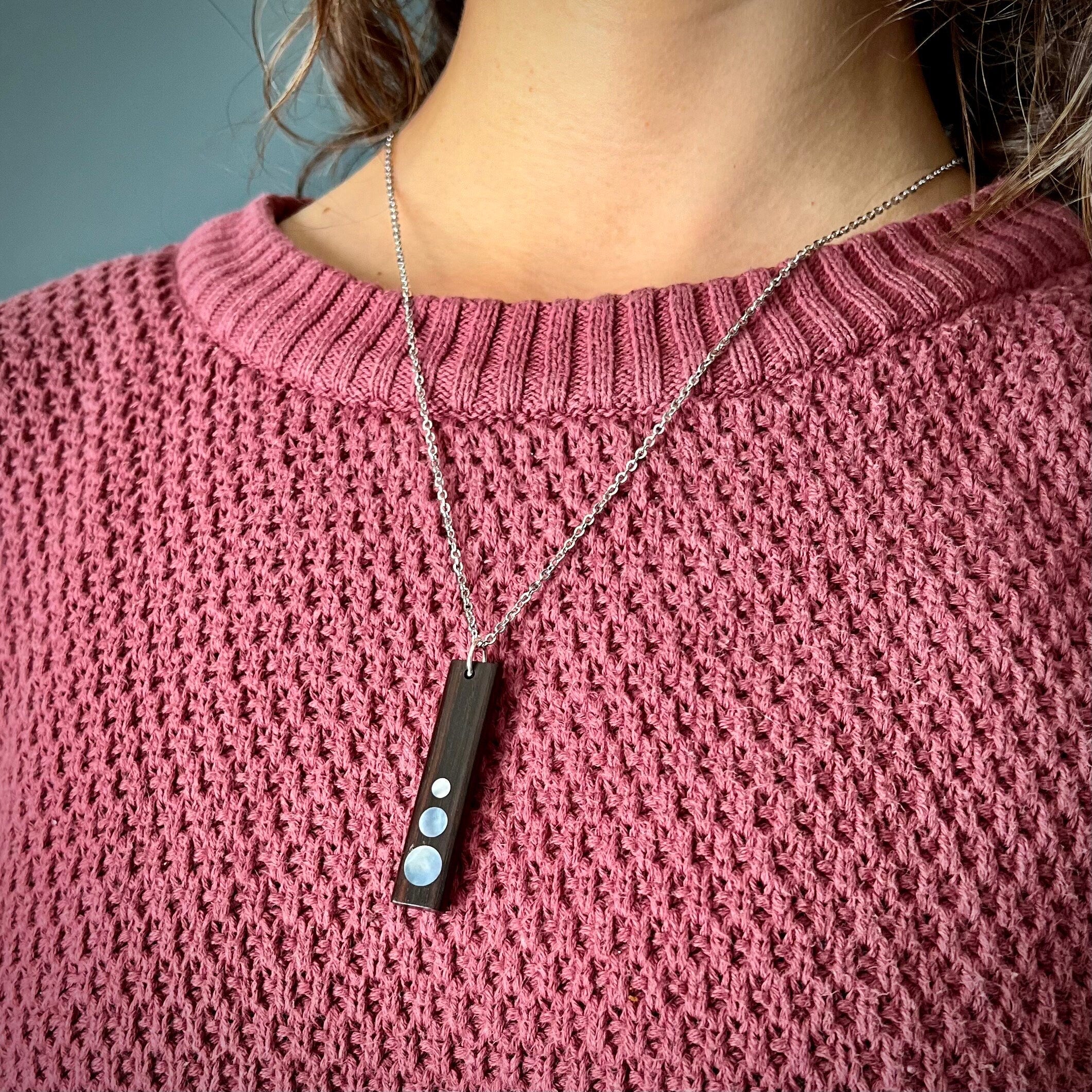 Macassar Ebony Wood Pendant, Mother of Pearl Inlay, Handmade Necklace