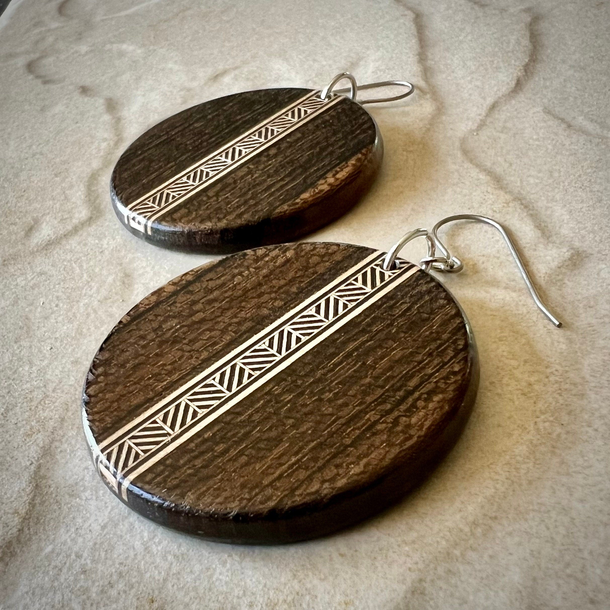 Ziricote Wood Dangle Earrings: Handmade Chevron Inlay Jewelry