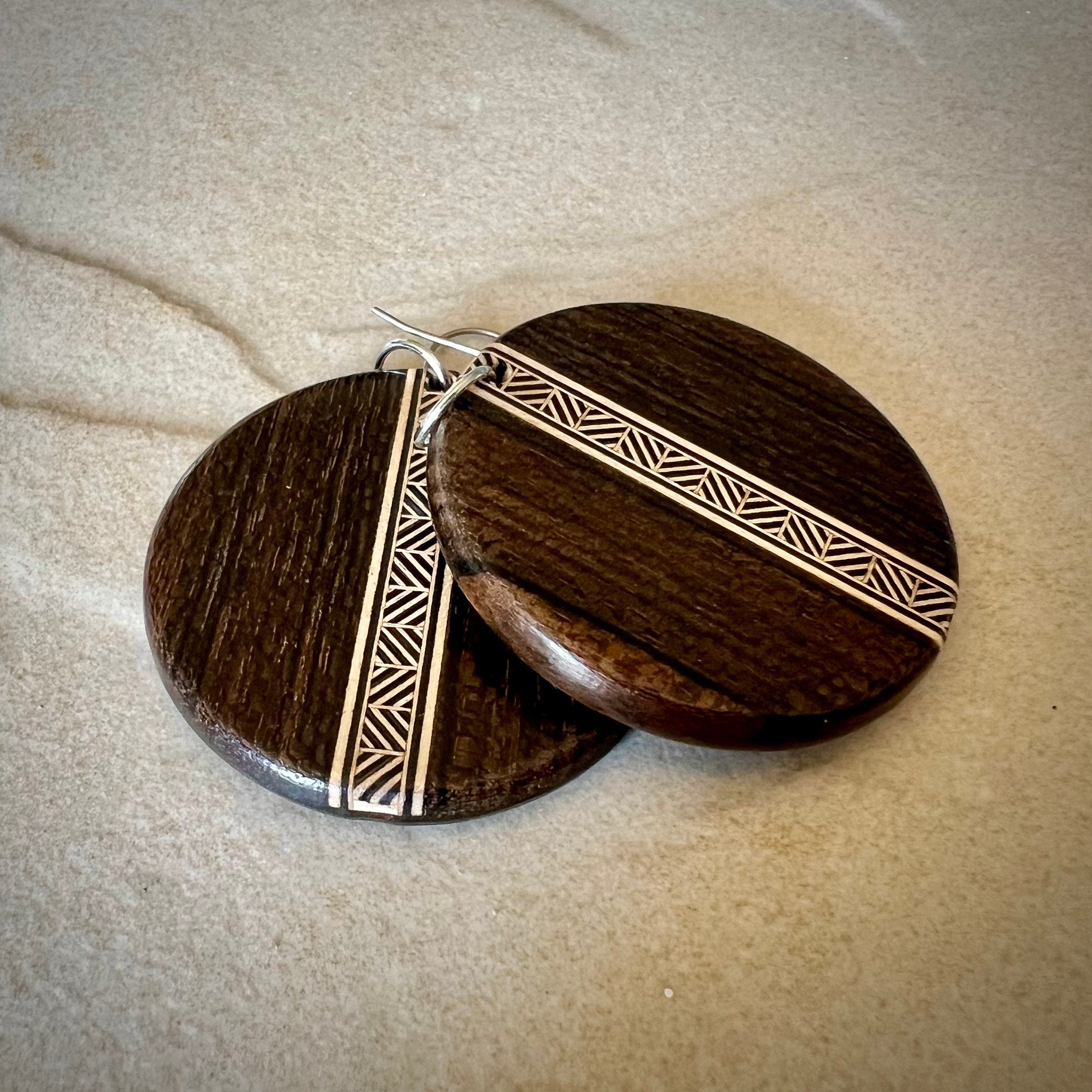 Ziricote Wood Dangle Earrings: Handmade Chevron Inlay Jewelry