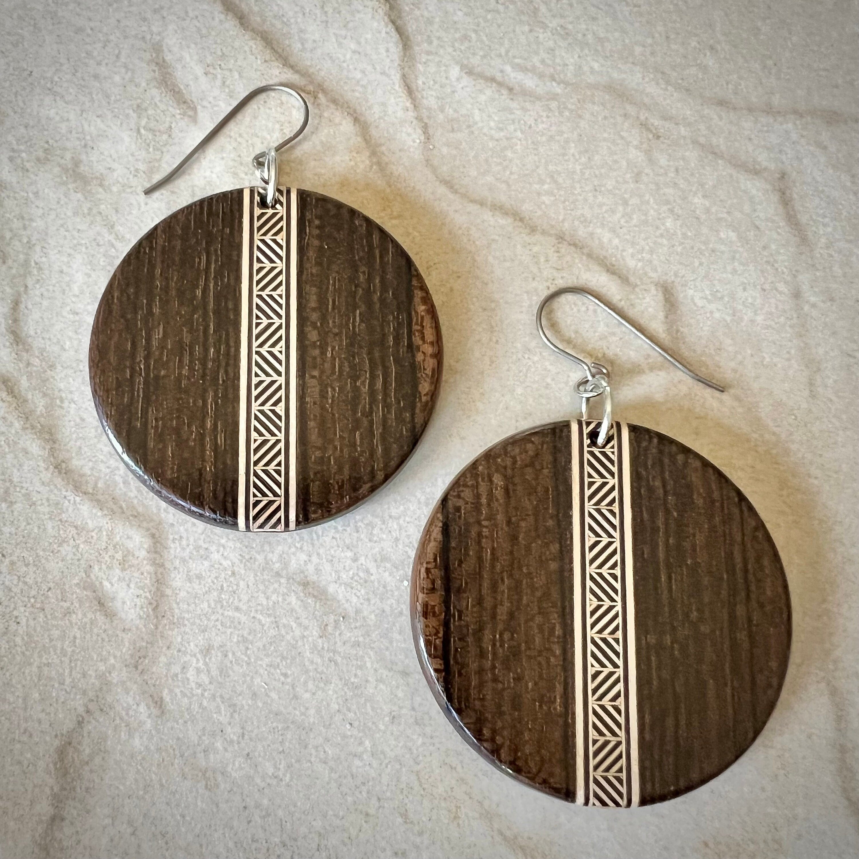 Ziricote Wood Dangle Earrings: Handmade Chevron Inlay Jewelry