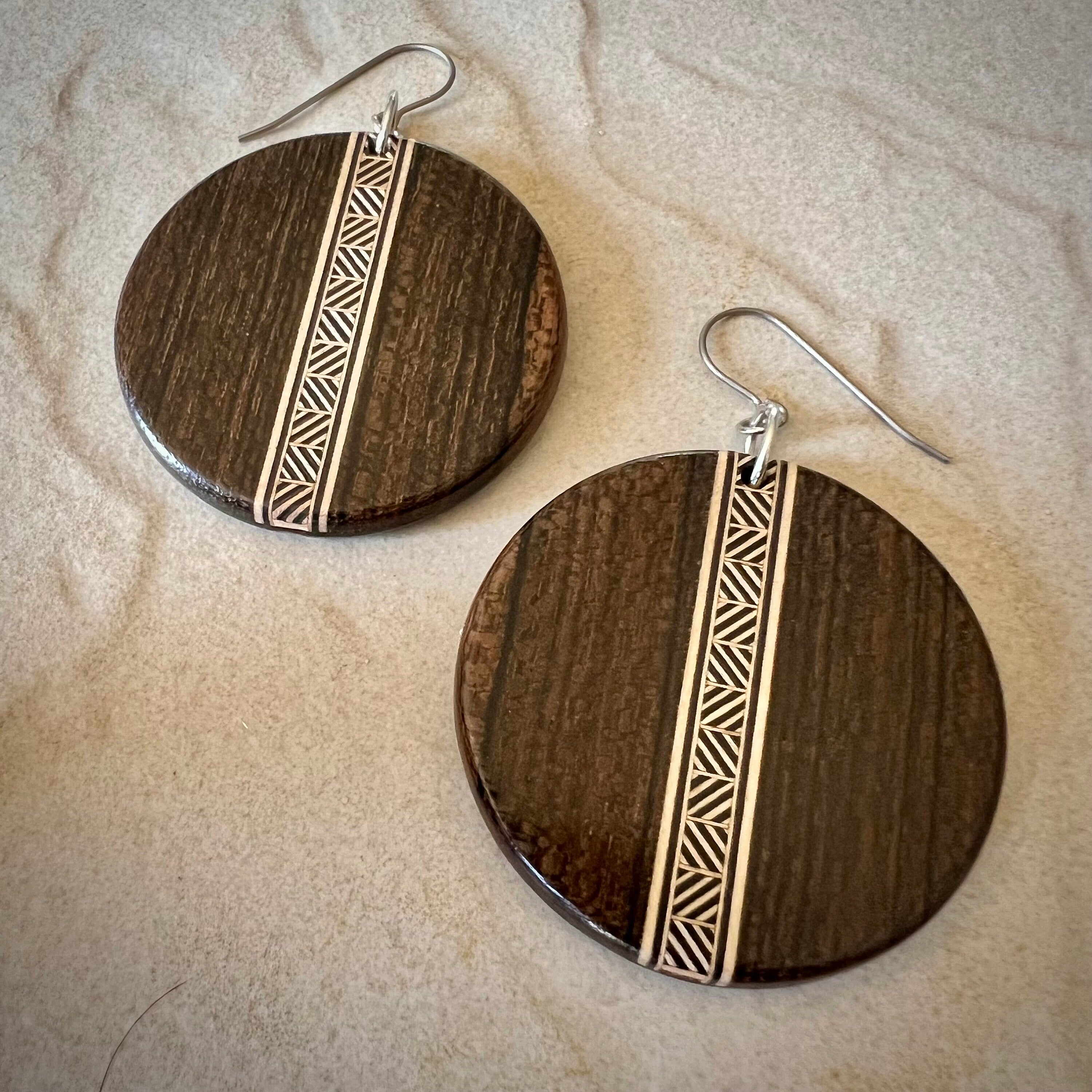 Ziricote Wood Dangle Earrings: Handmade Chevron Inlay Jewelry