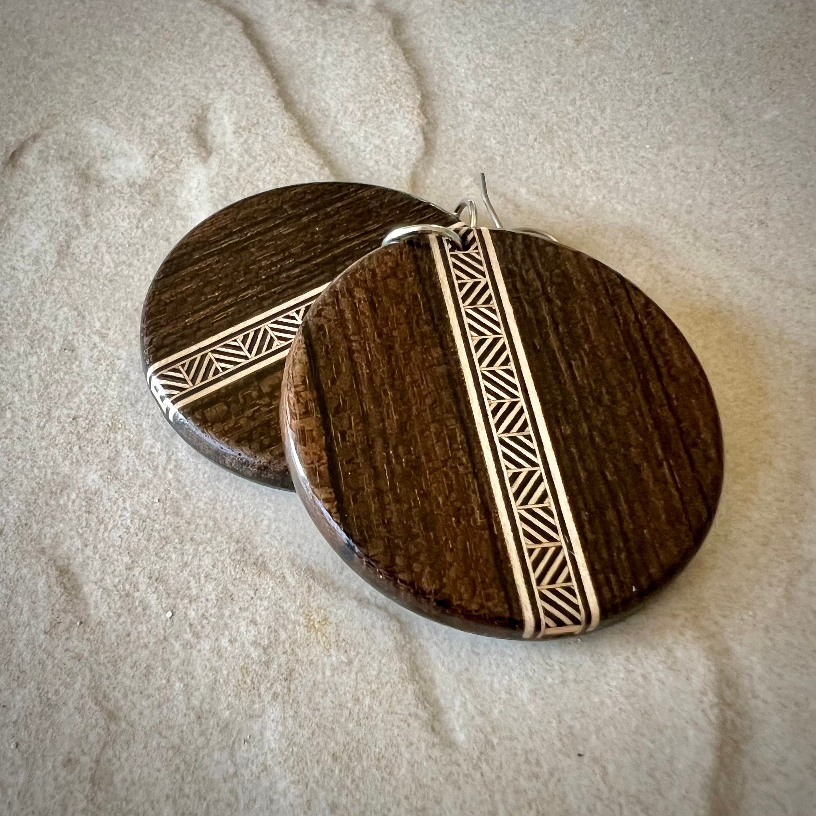 Ziricote Wood Dangle Earrings: Handmade Chevron Inlay Jewelry