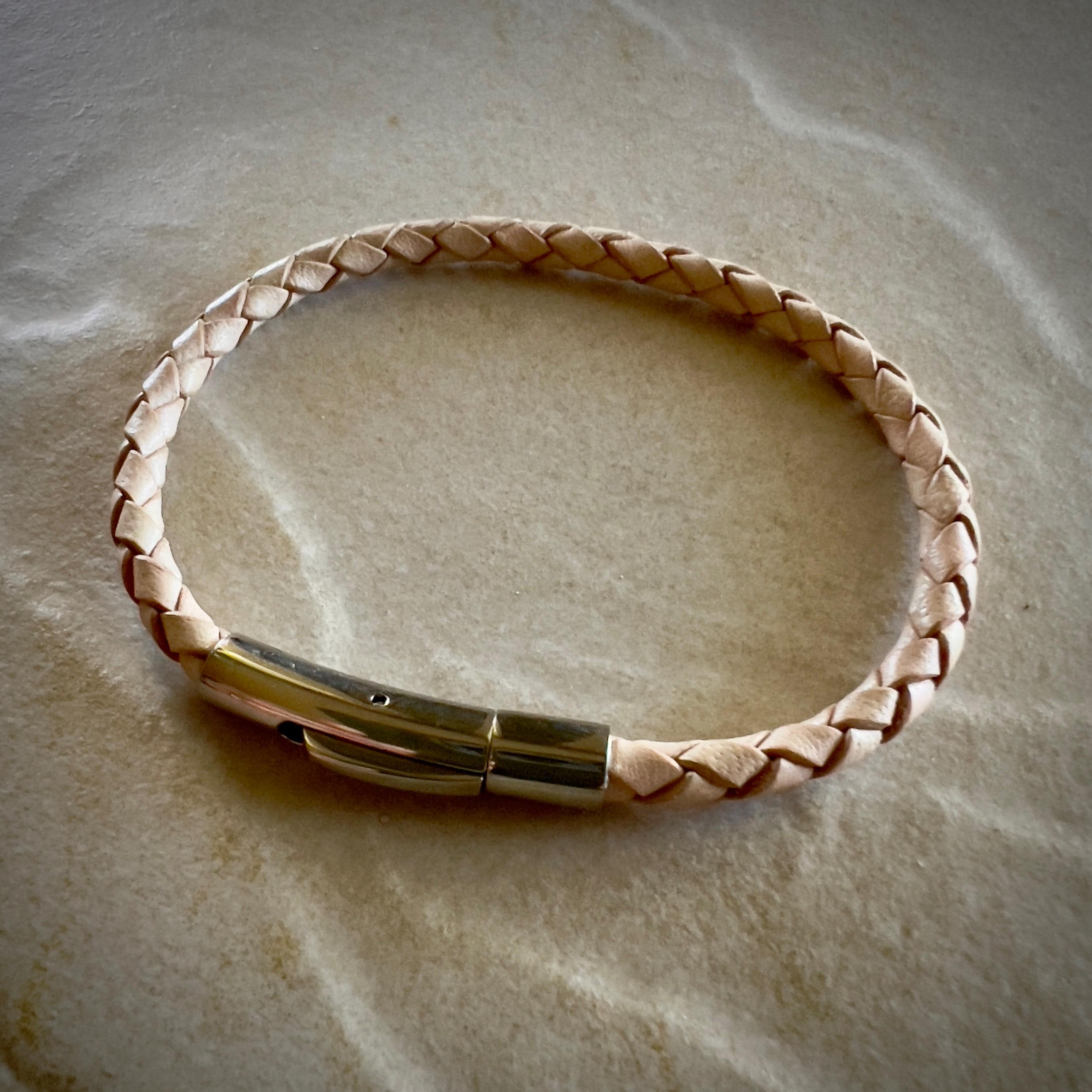 Braided Leather Bracelet with Stainless Steel Clasp - Handmade 4mm Cord