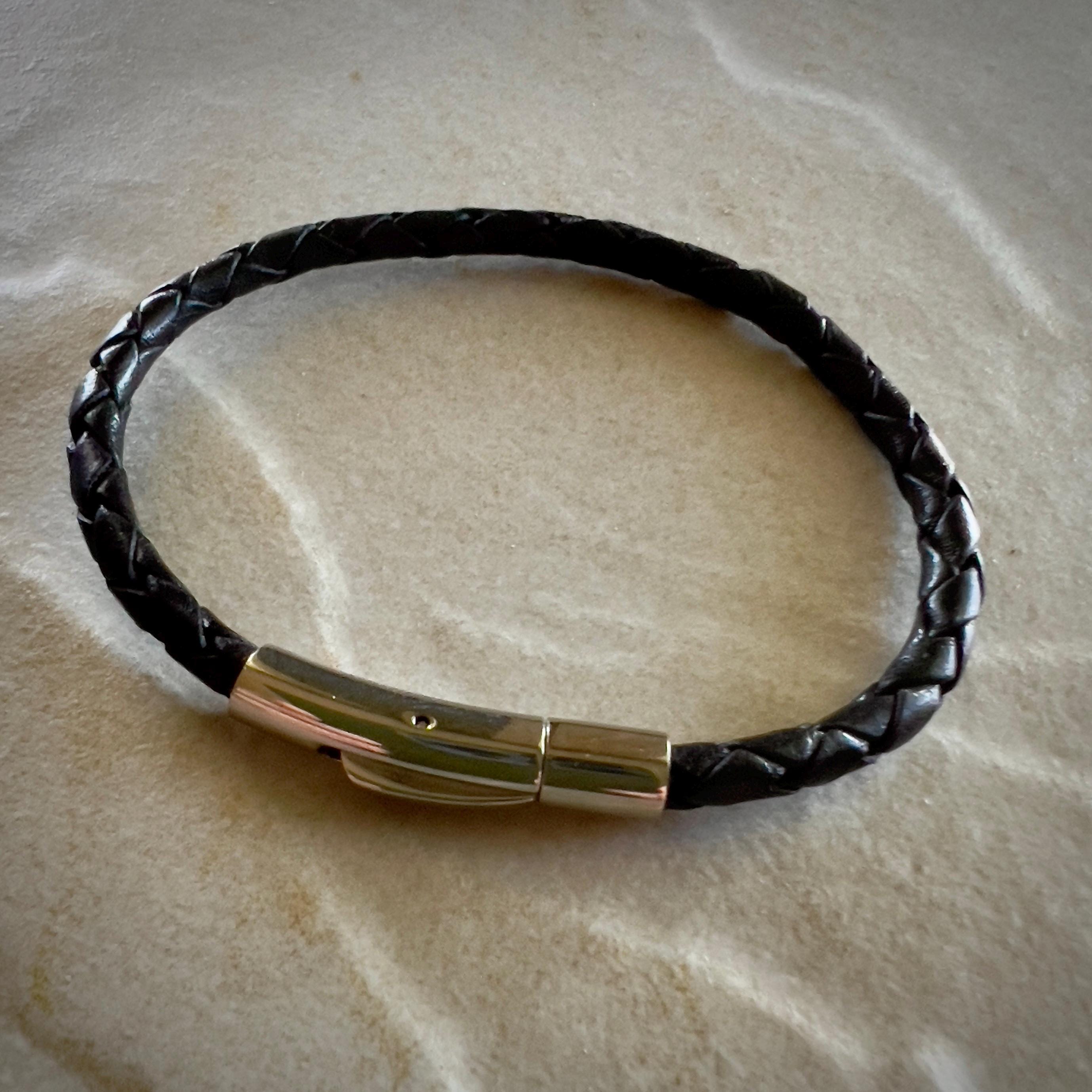 Braided Leather Bracelet with Stainless Steel Clasp - Handmade 4mm Cord