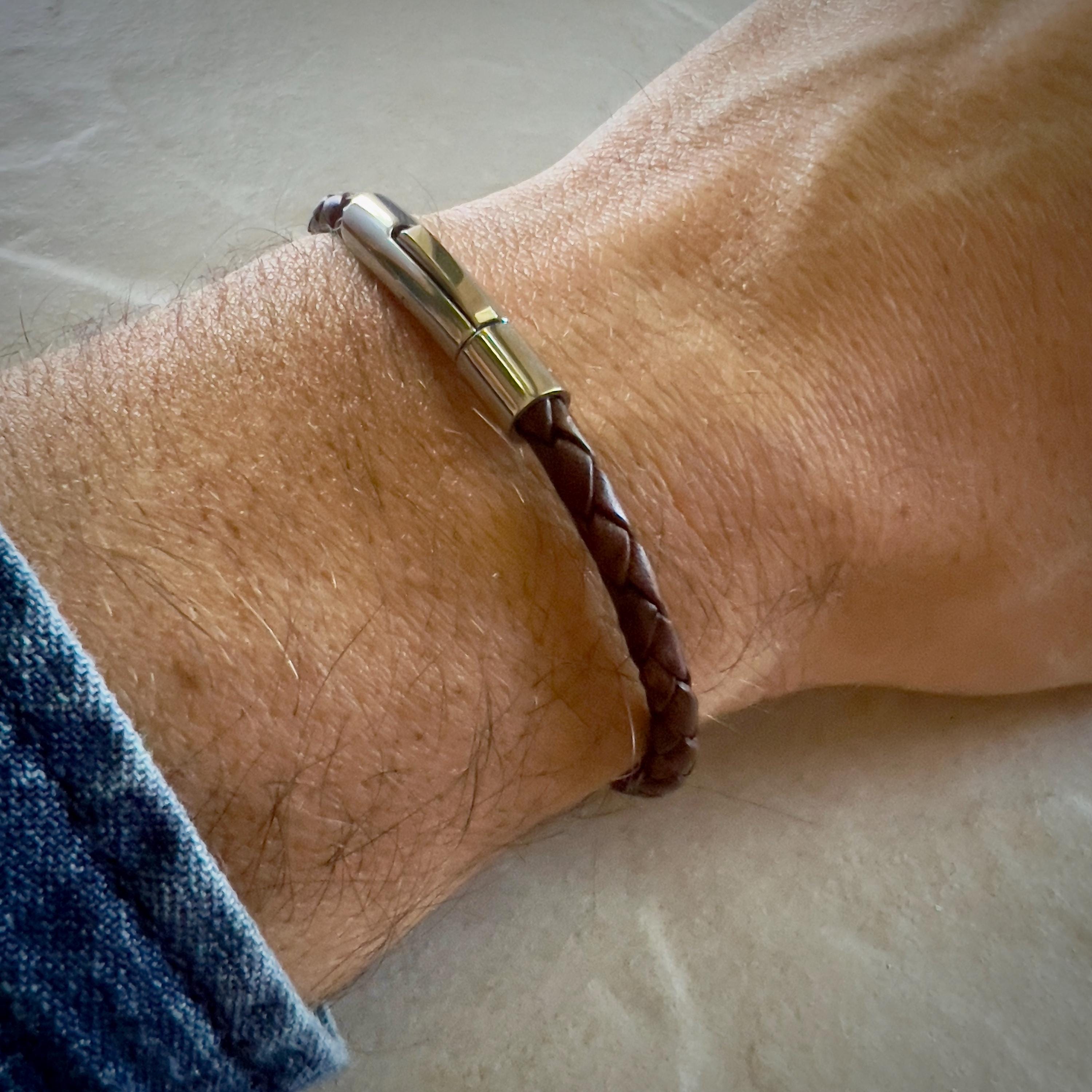 Braided Leather Bracelet with Stainless Steel Clasp - Handmade 4mm Cord