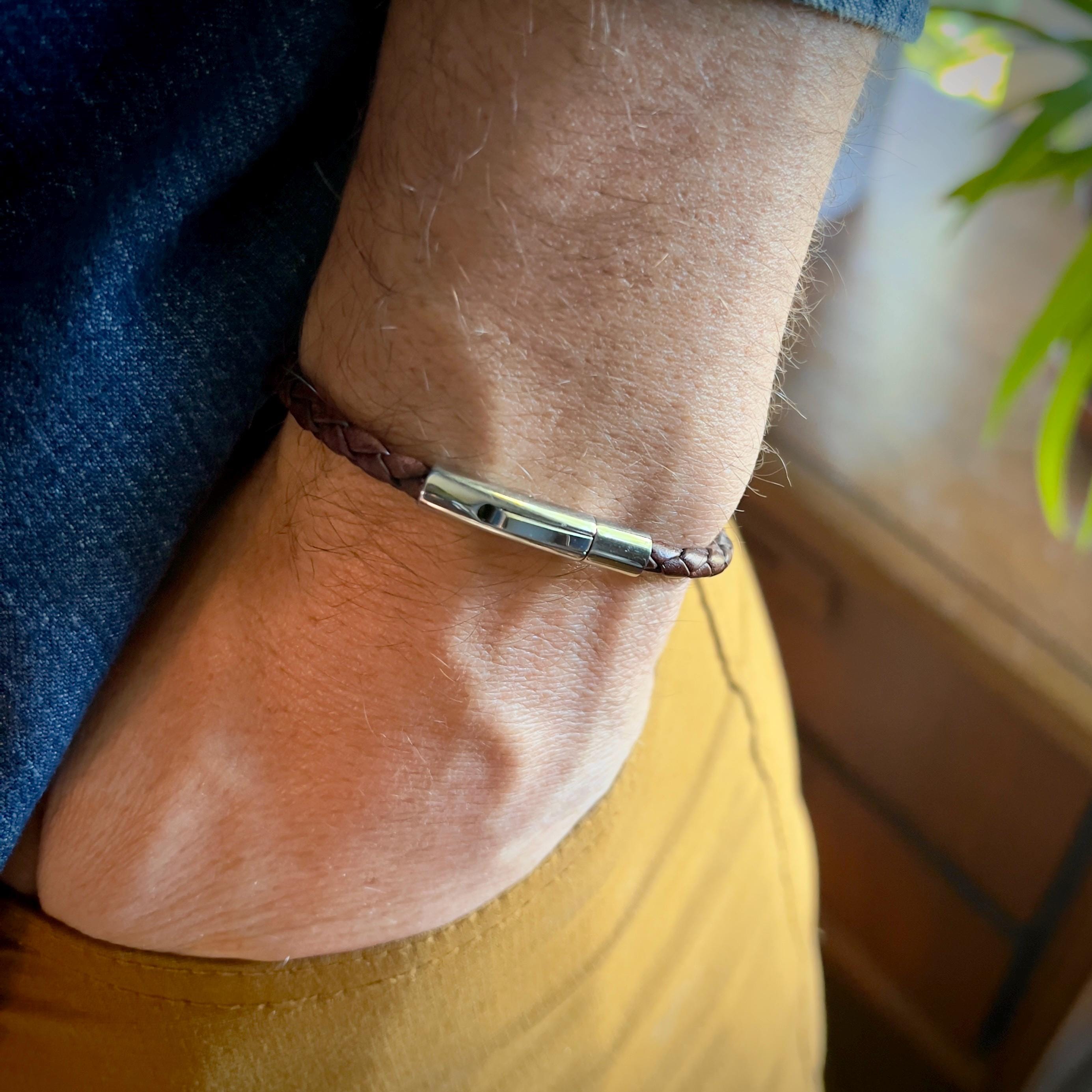 Braided Leather Bracelet with Stainless Steel Clasp - Handmade 4mm Cord