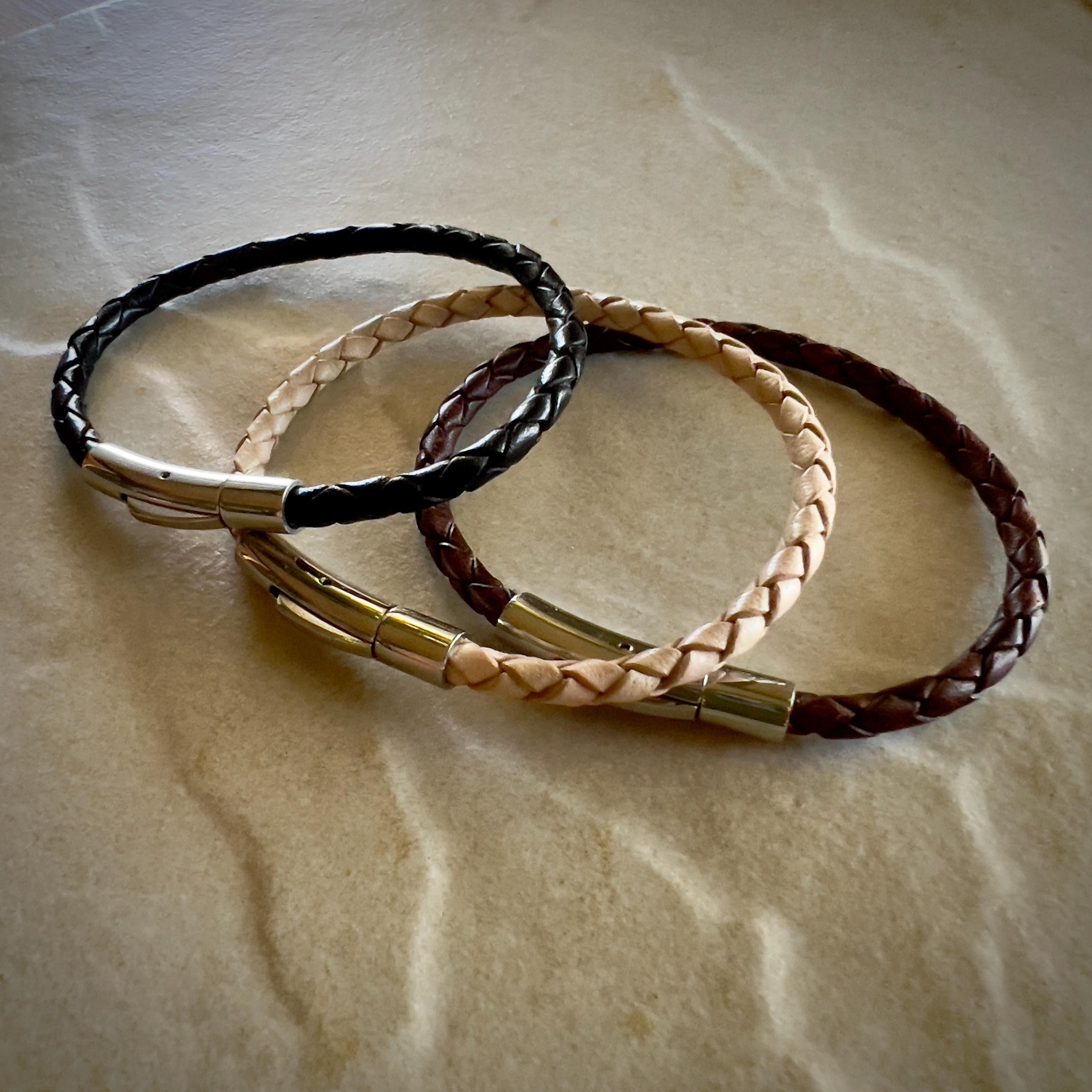 Braided Leather Bracelet with Stainless Steel Clasp - Handmade 4mm Cord