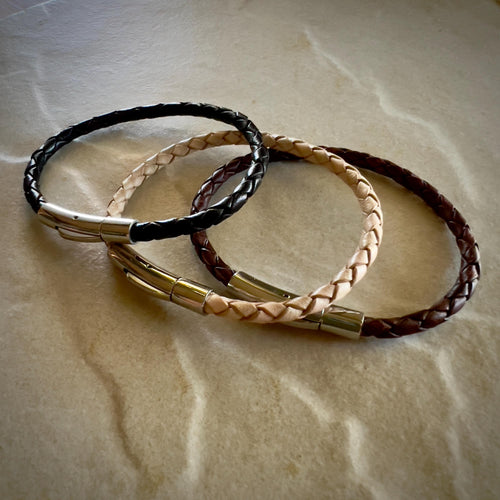 Braided Leather Bracelet with Stainless Steel Clasp - Handmade 4mm Cord