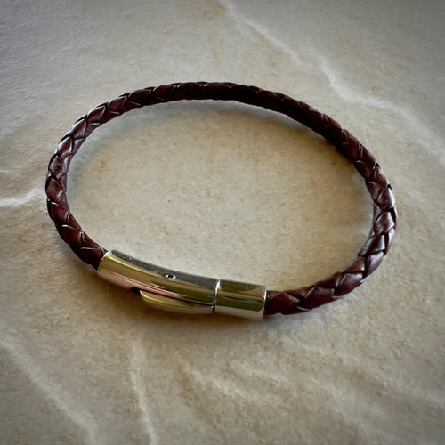 Braided Leather Bracelet with Stainless Steel Clasp - Handmade 4mm Cord