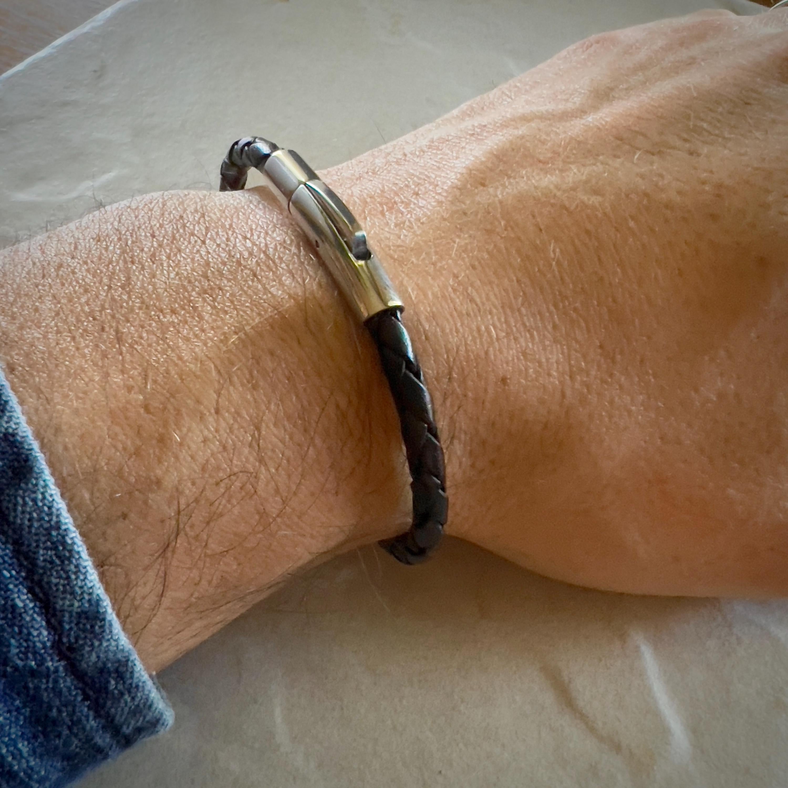 Braided Leather Bracelet with Stainless Steel Clasp - Handmade 4mm Cord