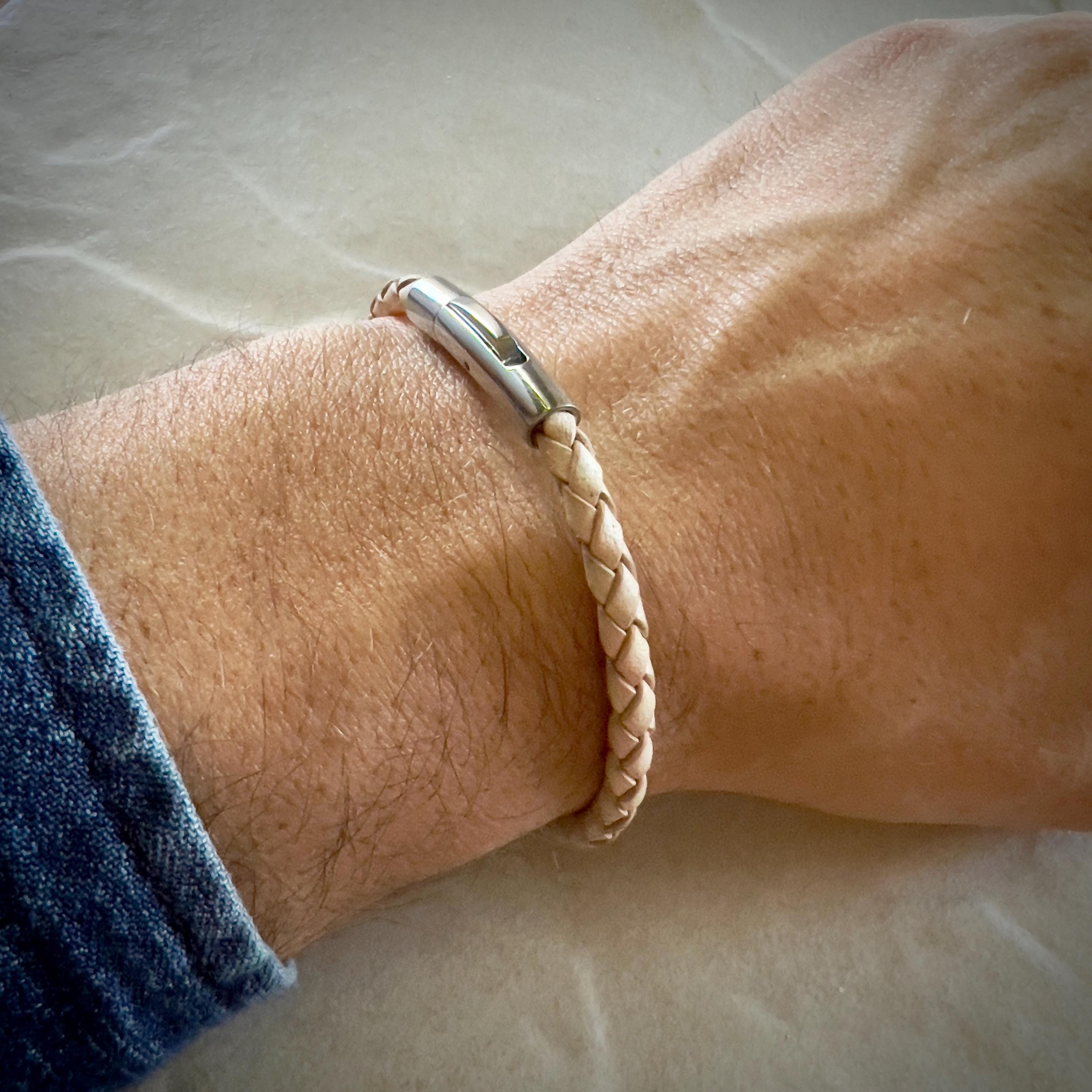 Braided Leather Bracelet with Stainless Steel Clasp - Handmade 4mm Cord