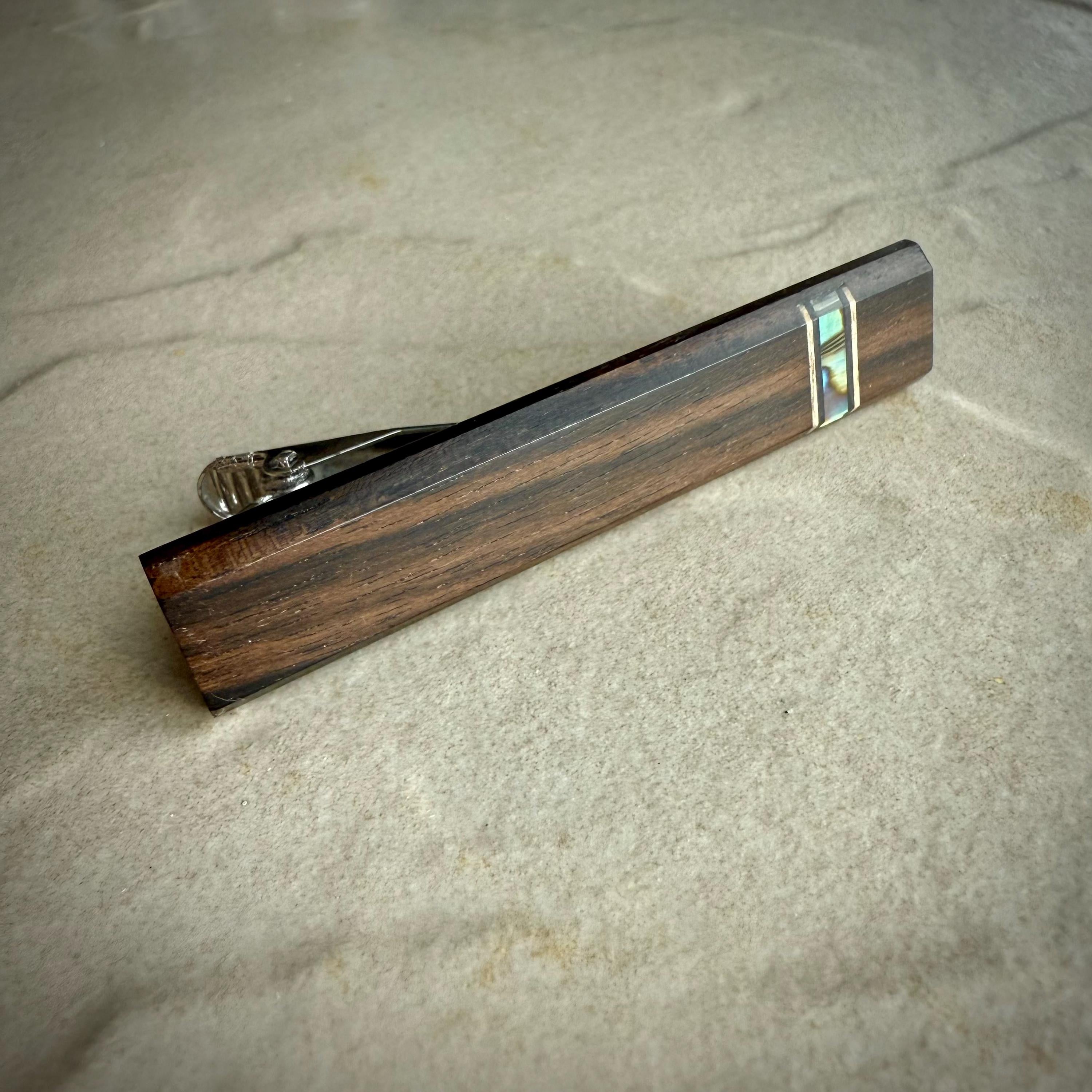 Macassar Ebony Tie Clip: Paua Abalone Inlay, Wood Tie Bar