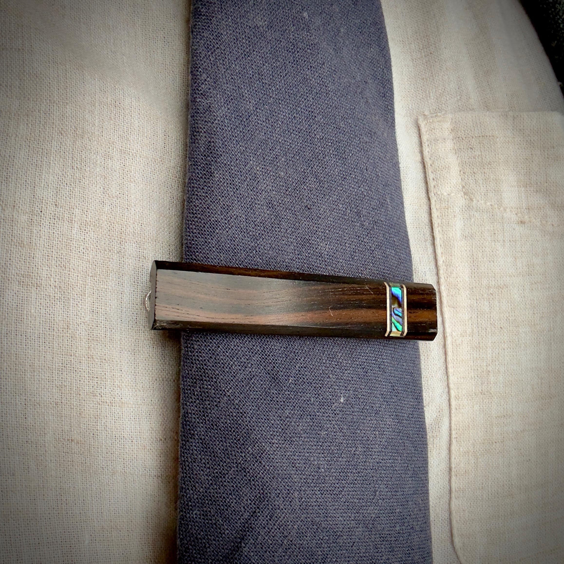 Macassar Ebony Tie Clip: Paua Abalone Inlay, Wood Tie Bar