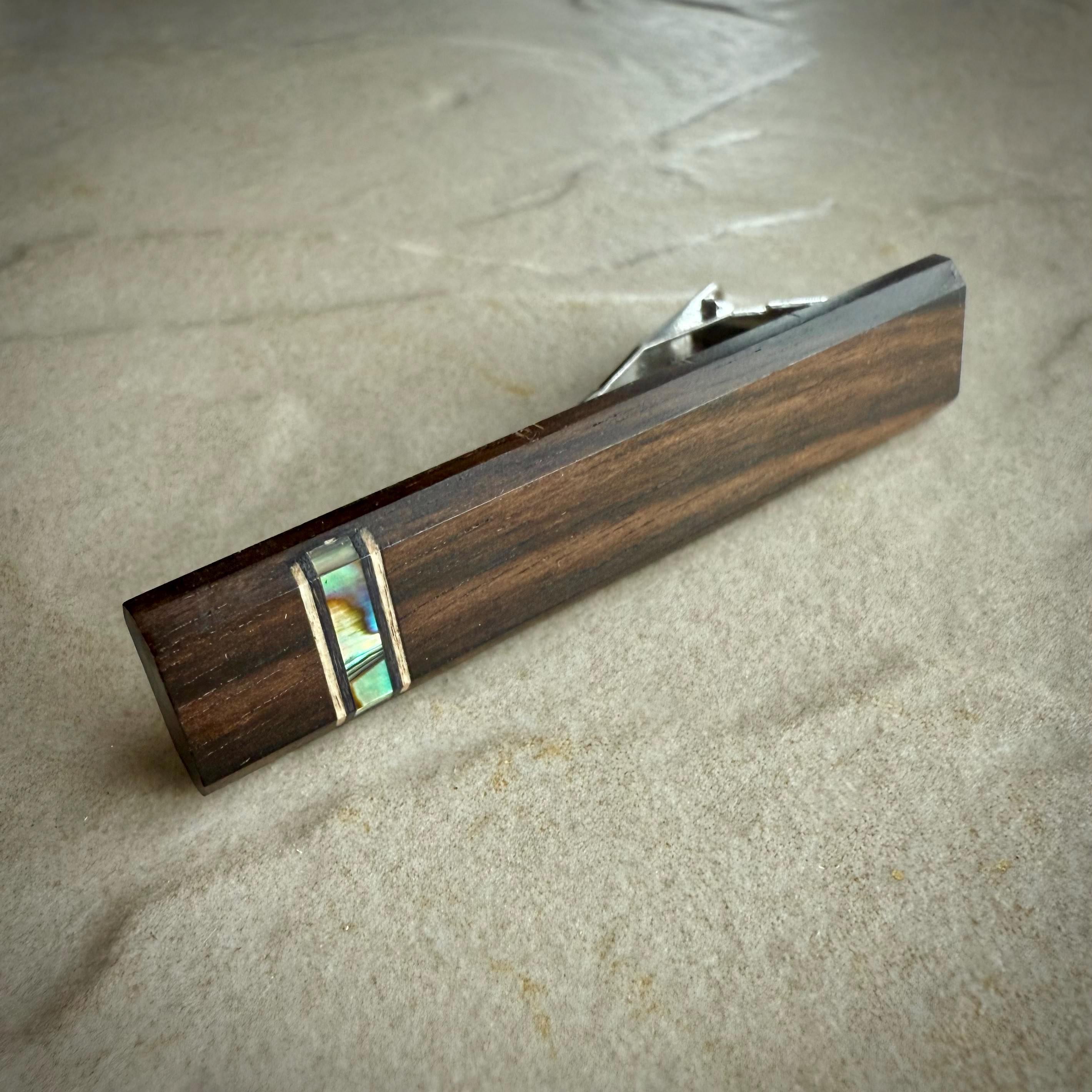 Macassar Ebony Tie Clip: Paua Abalone Inlay, Wood Tie Bar