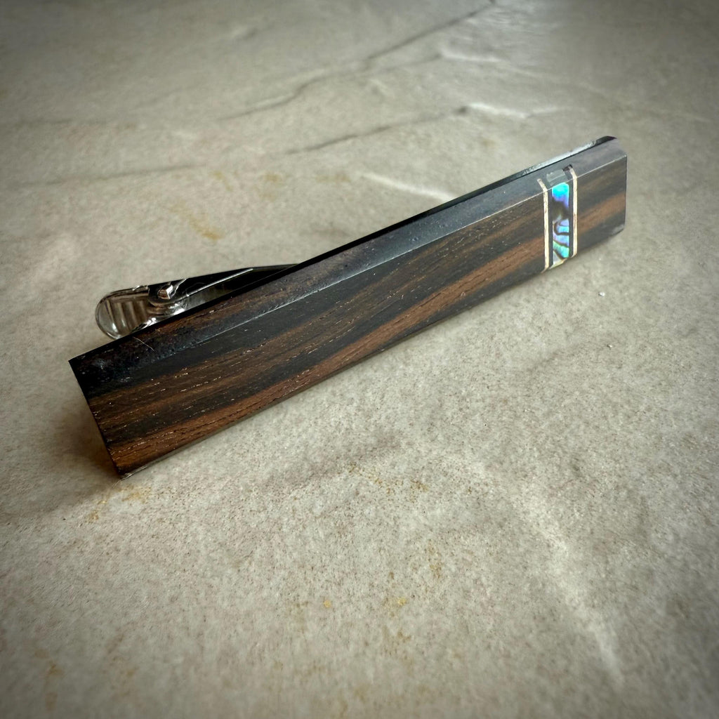 Macassar Ebony Tie Clip: Paua Abalone Inlay, Wood Tie Bar
