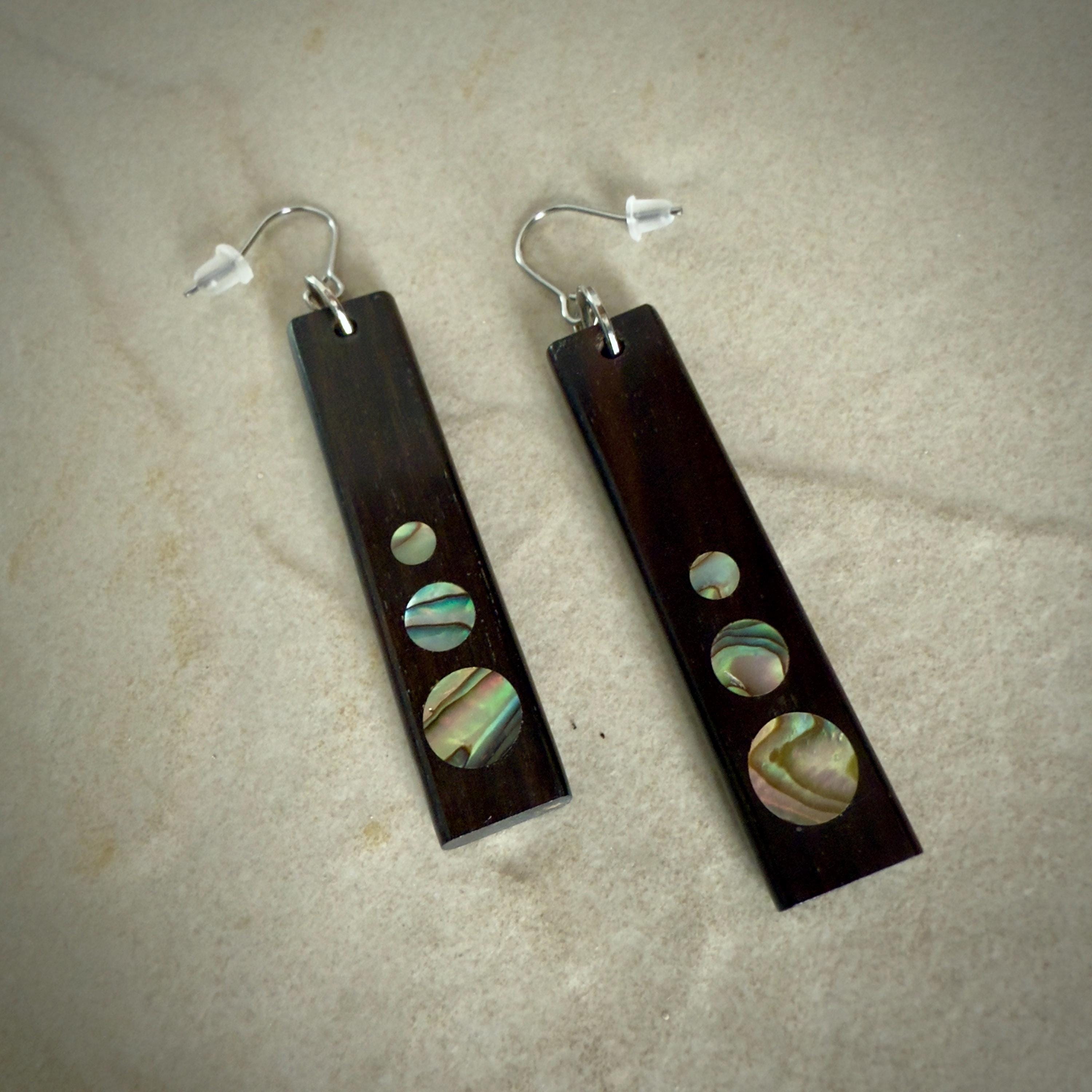 Macassar Ebony Earrings: Handmade Abalone Inlay, Surgical Steel
