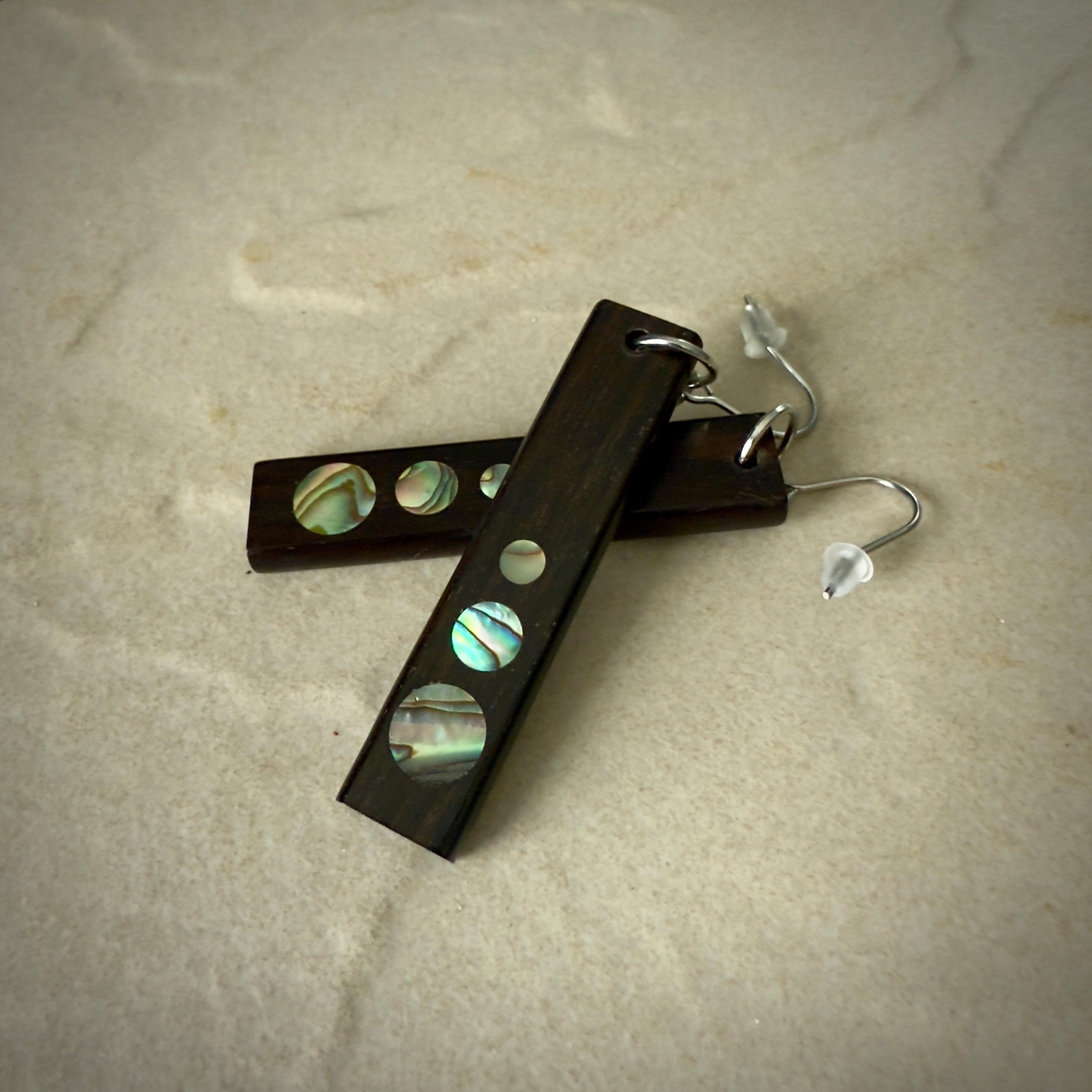 Macassar Ebony Earrings: Handmade Abalone Inlay, Surgical Steel