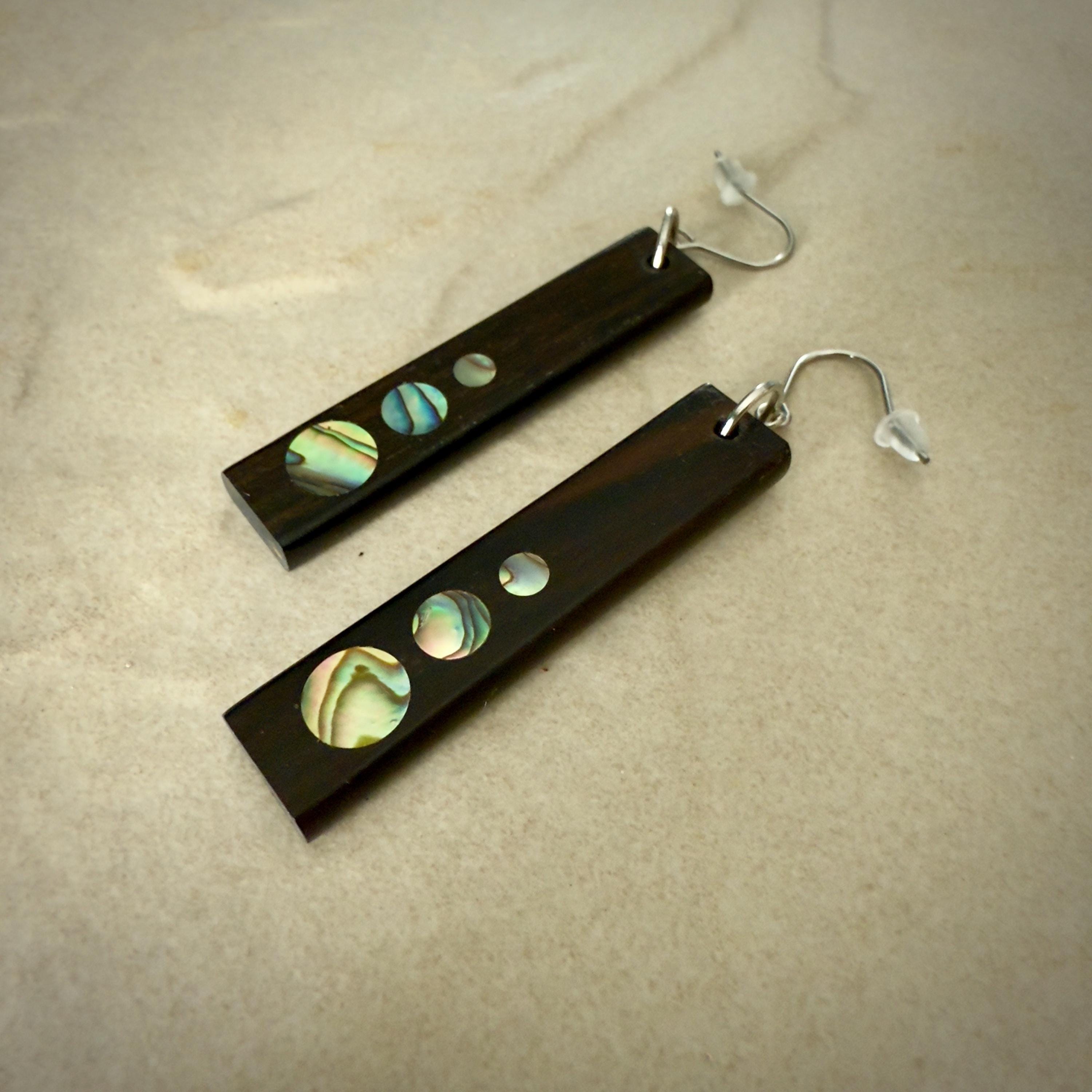 Macassar Ebony Earrings: Handmade Abalone Inlay, Surgical Steel