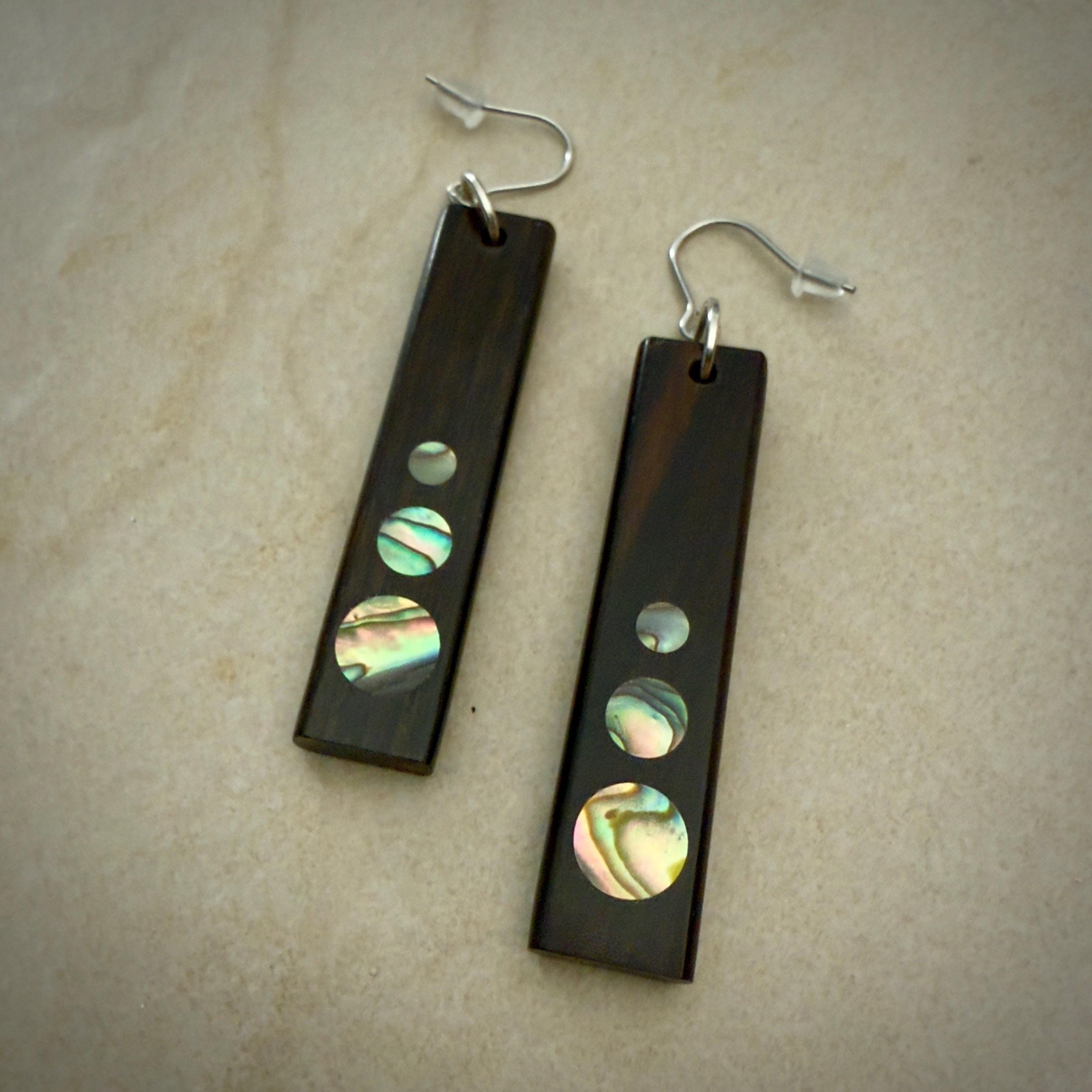 Macassar Ebony Earrings: Handmade Abalone Inlay, Surgical Steel