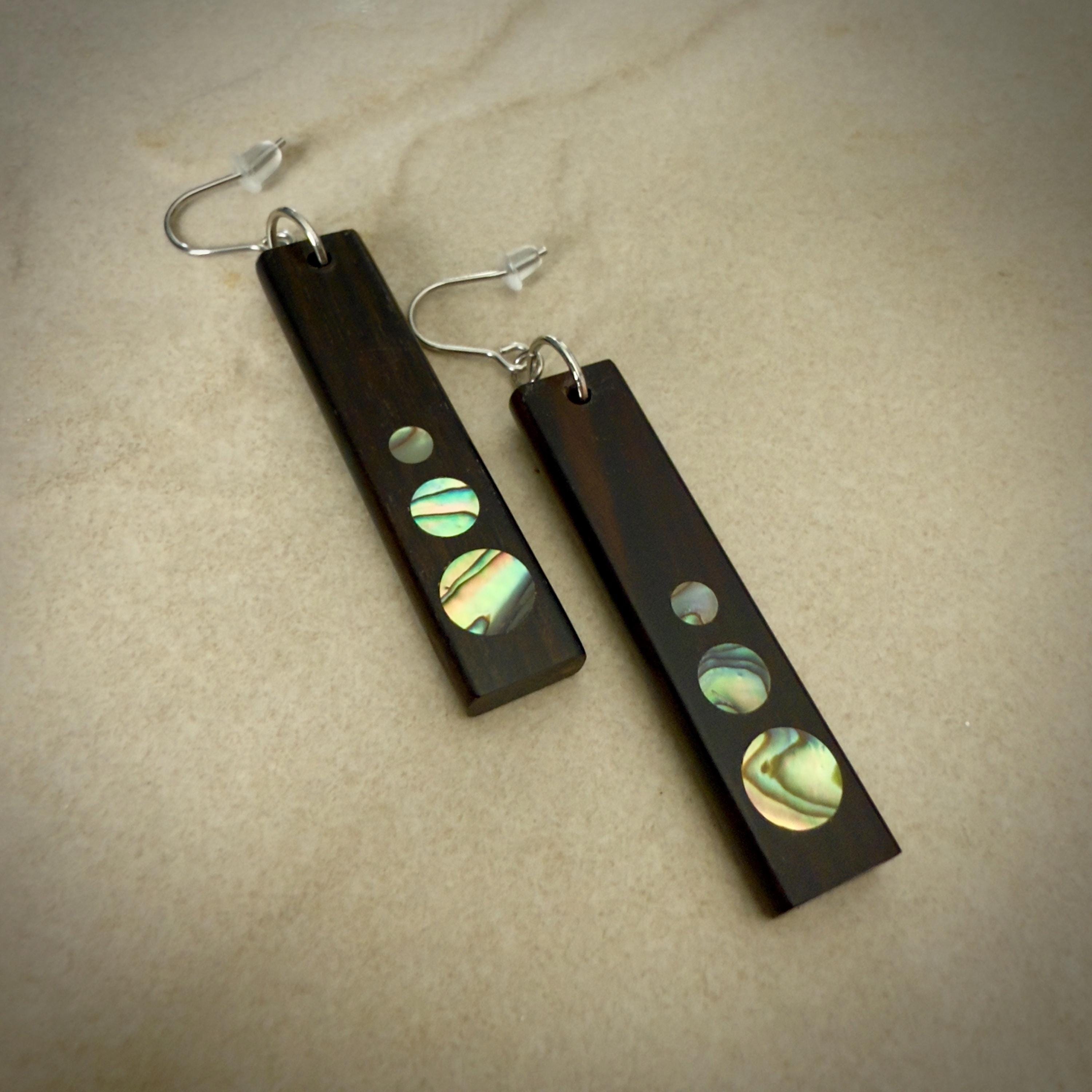 Macassar Ebony Earrings: Handmade Abalone Inlay, Surgical Steel