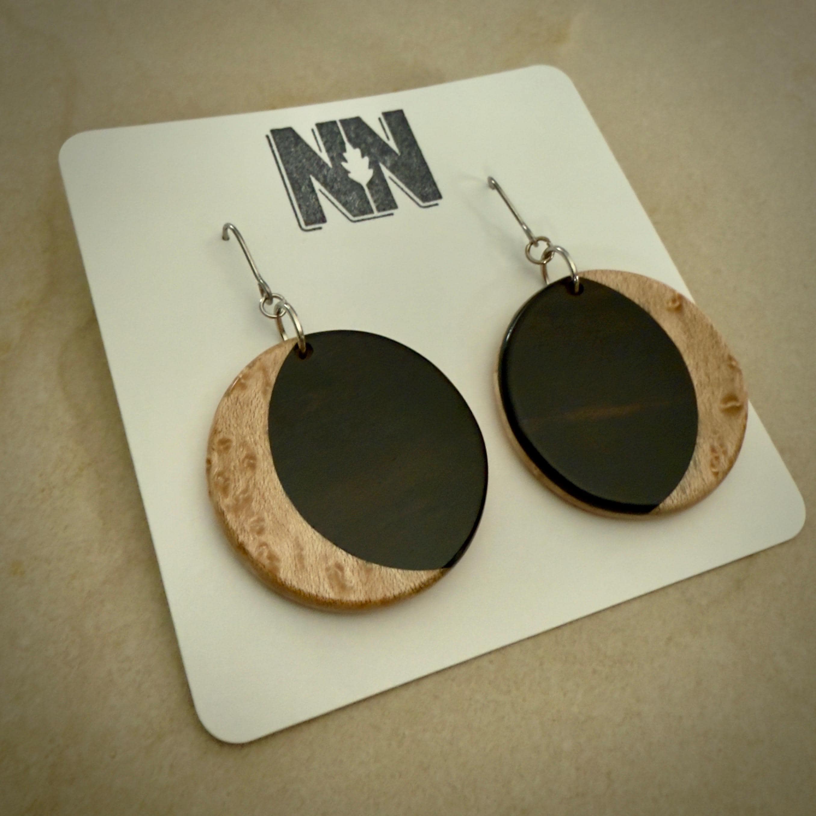 Macassar Ebony & Maple Moon Inlay Earrings: Lutherie Inspired Wood Jewelry