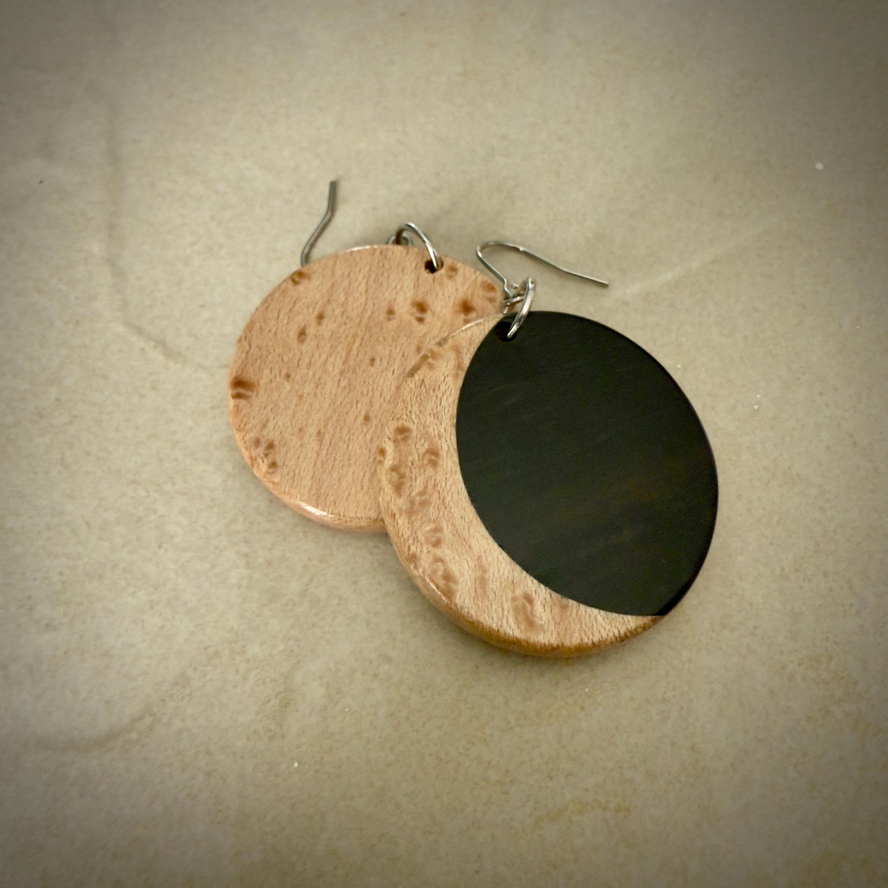 Macassar Ebony & Maple Moon Inlay Earrings: Lutherie Inspired Wood Jewelry