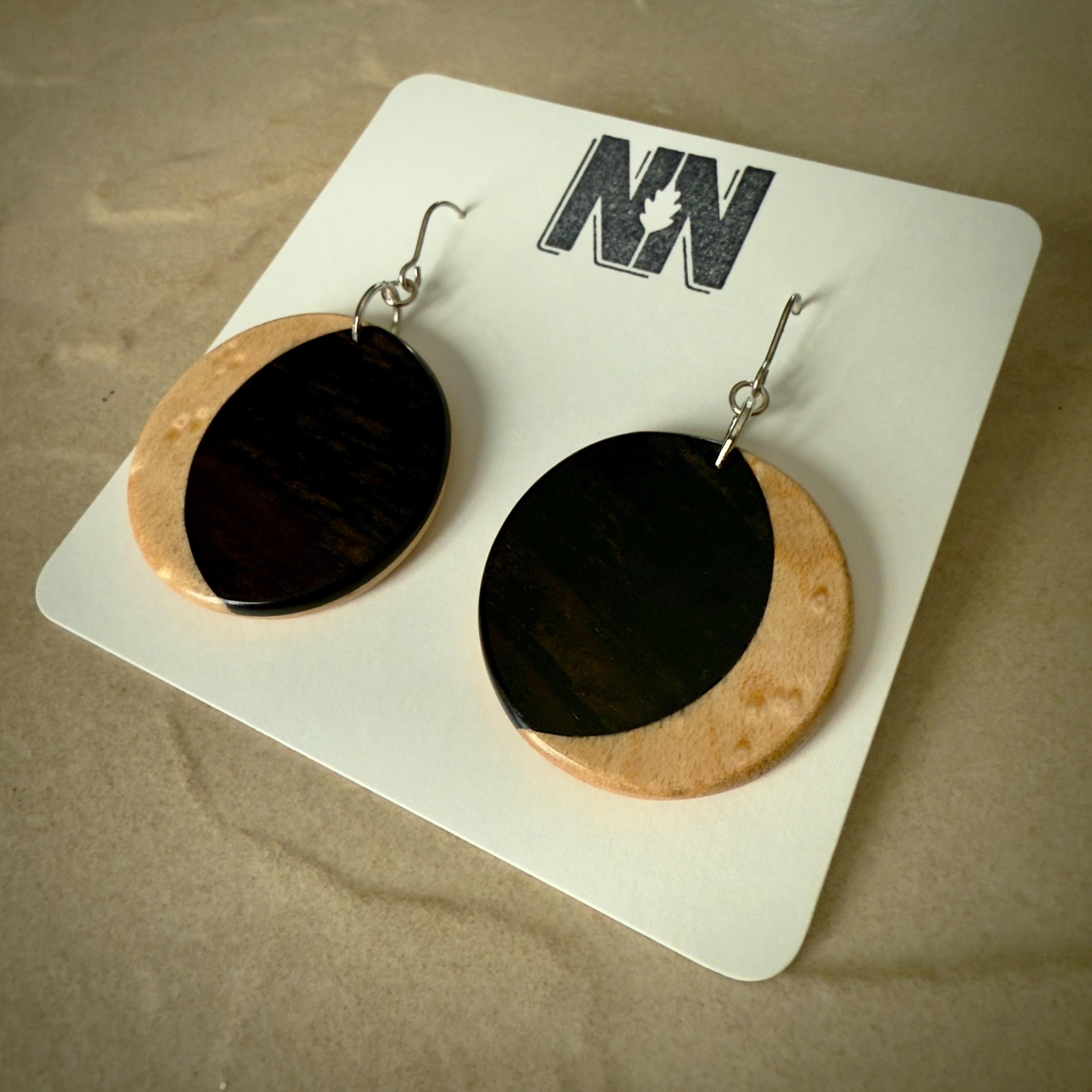 Macassar Ebony & Maple Moon Inlay Earrings: Lutherie Inspired Wood Jewelry