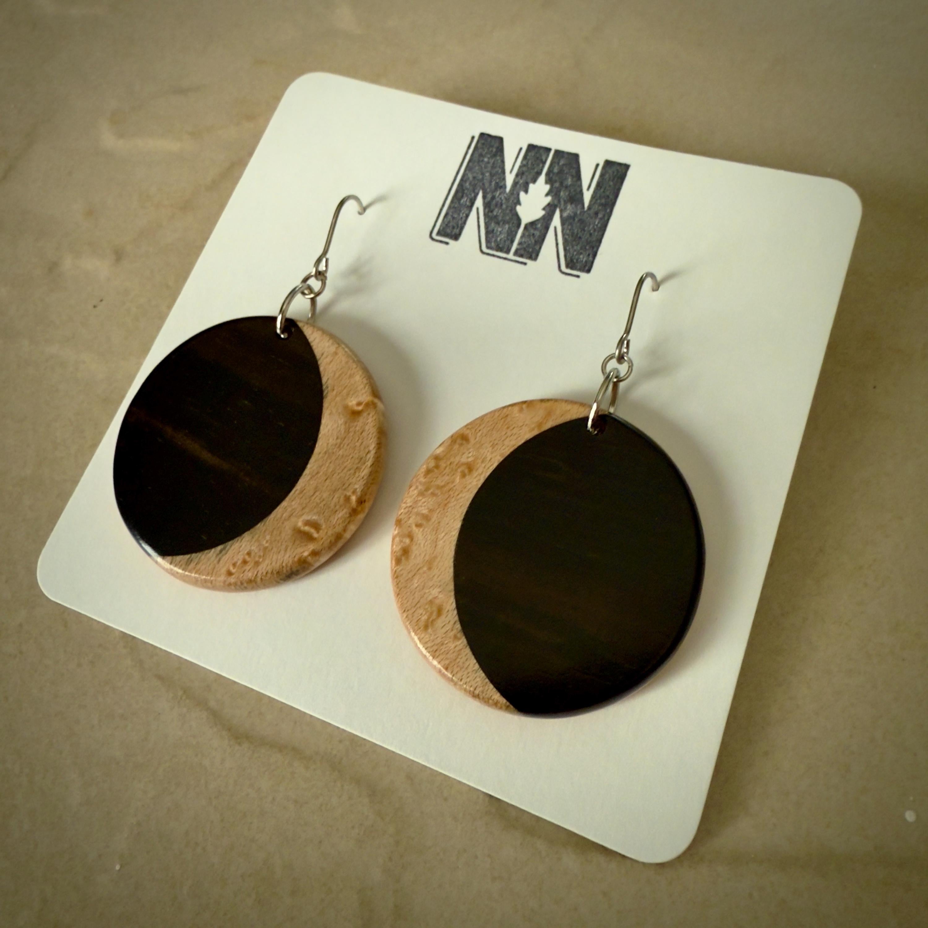 Macassar Ebony & Maple Moon Inlay Earrings: Lutherie Inspired Wood Jewelry