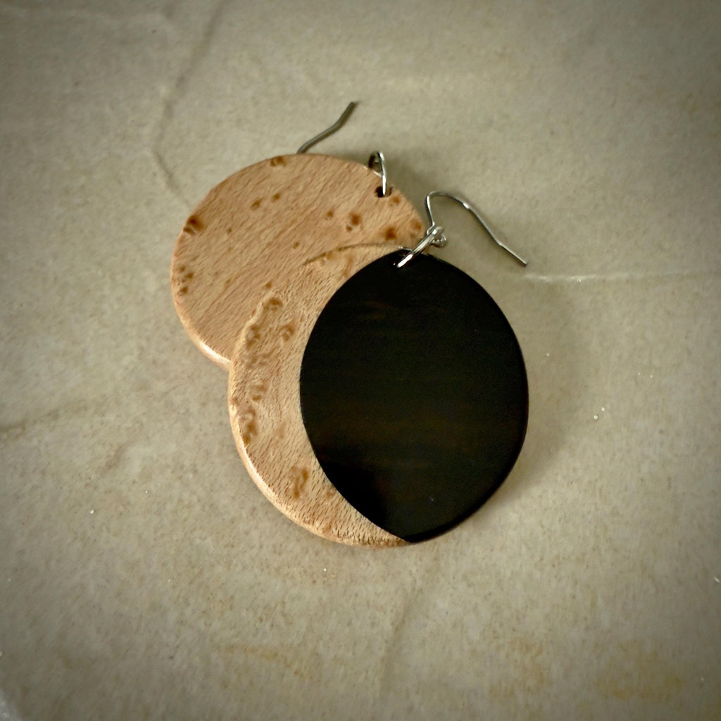 Macassar Ebony & Maple Moon Inlay Earrings: Lutherie Inspired Wood Jewelry